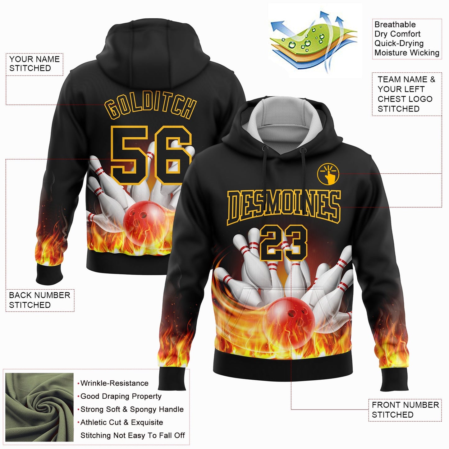 Custom Stitched Black Gold 3D Flame Bowling Sports Pullover Sweatshirt Hoodie view 2