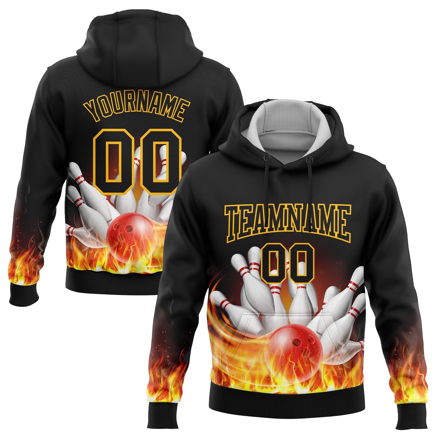 Custom Stitched Black Gold 3D Flame Bowling Sports Pullover Sweatshirt Hoodie - Main View