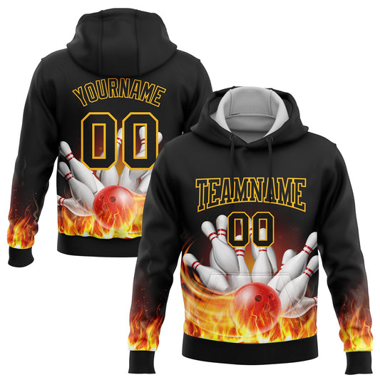 Custom Stitched Black Gold 3D Flame Bowling Sports Pullover Sweatshirt Hoodie - Main View
