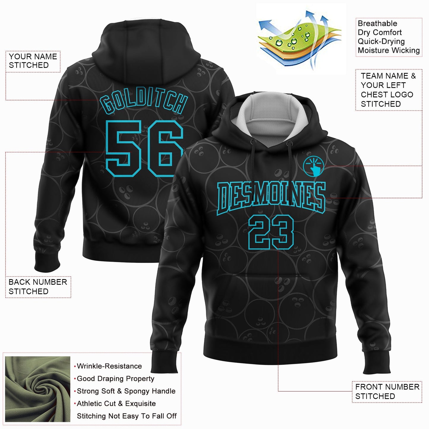 Custom Stitched Black Lakes Blue 3D Bowling Ball Sports Pullover Sweatshirt Hoodie view 2