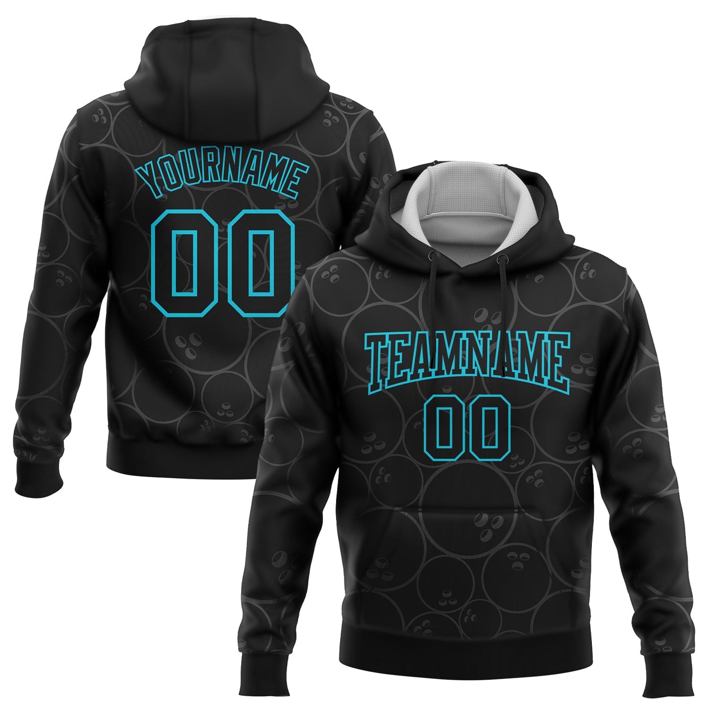 Custom Stitched Black Lakes Blue 3D Bowling Ball Sports Pullover Sweatshirt Hoodie - Main View