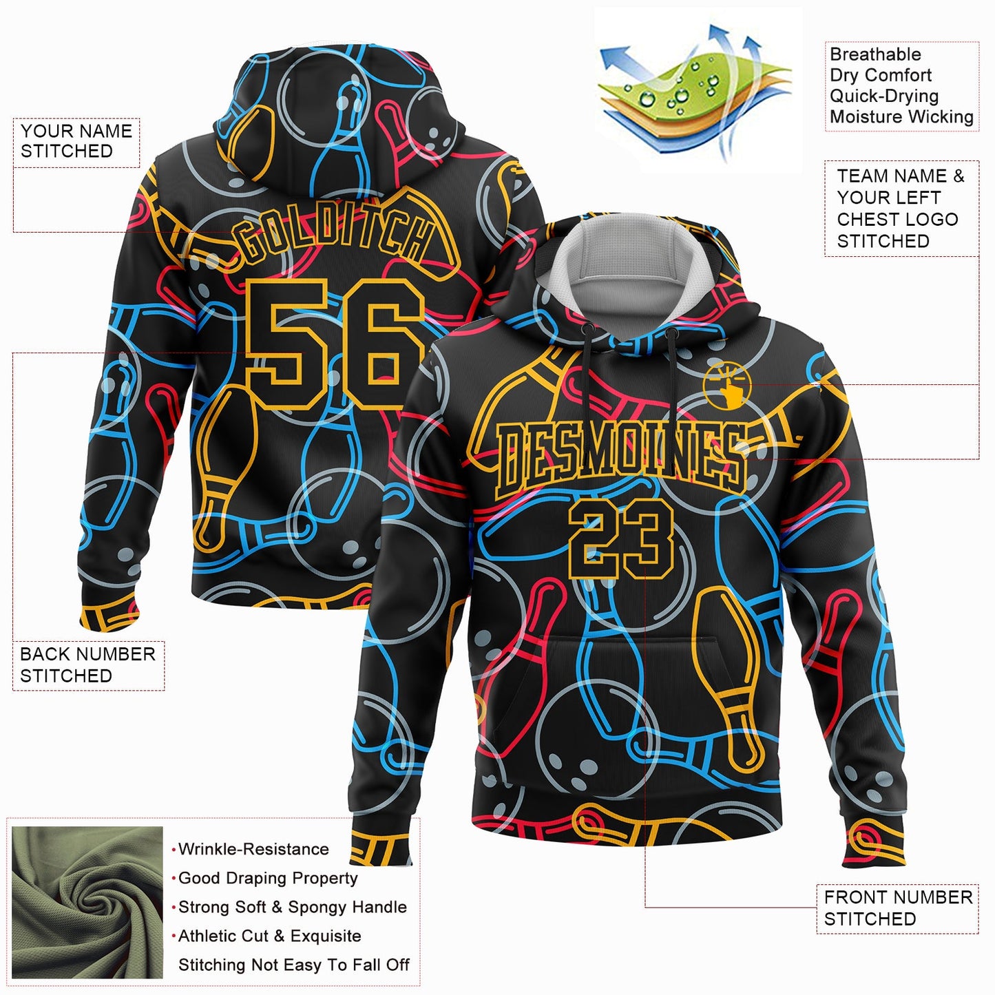 Custom Stitched Black Gold 3D Bowling Sports Pullover Sweatshirt Hoodie view 2