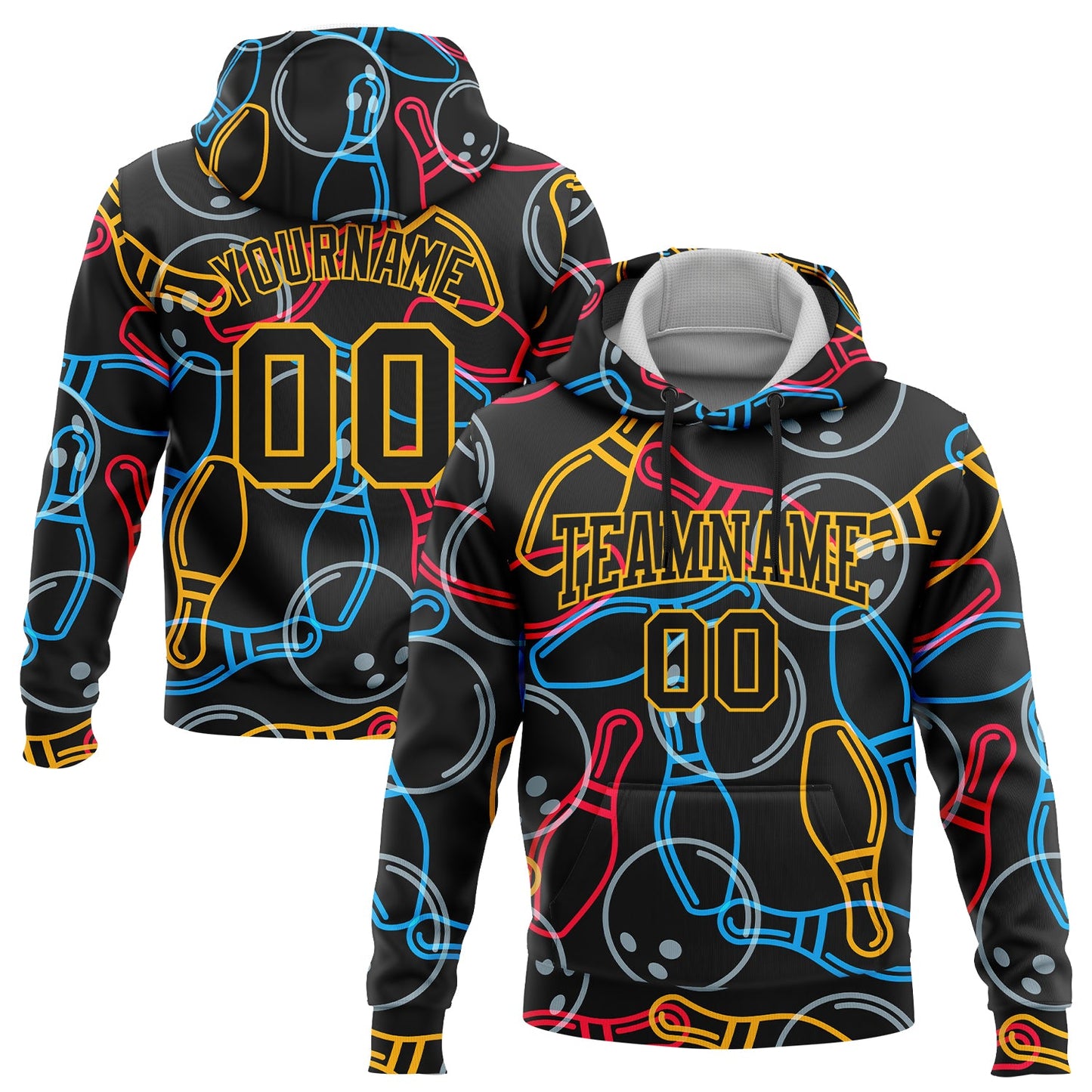 Custom Stitched Black Gold 3D Bowling Sports Pullover Sweatshirt Hoodie - Main View