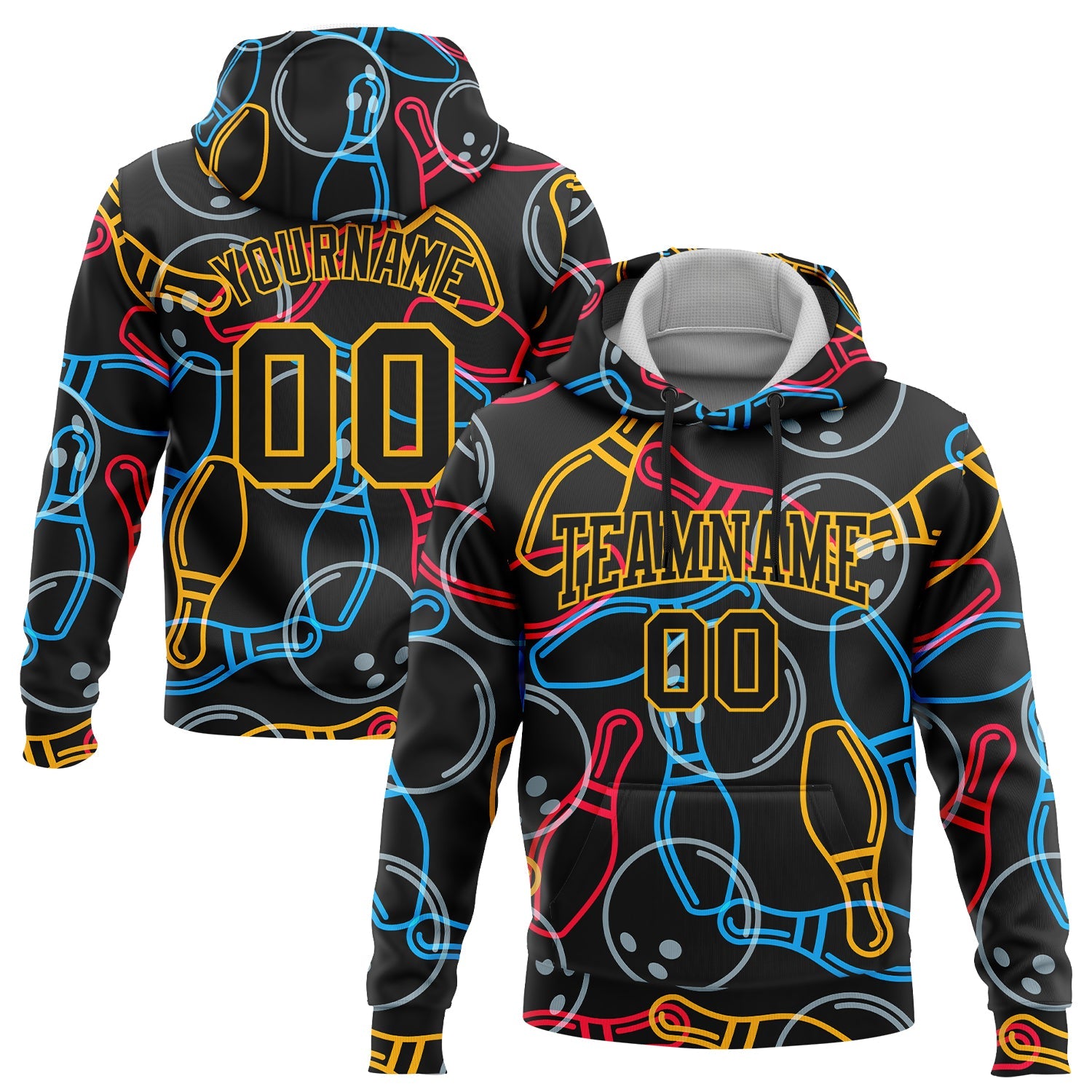 Custom Stitched Black Gold 3D Bowling Sports Pullover Sweatshirt Hoodie - Main View