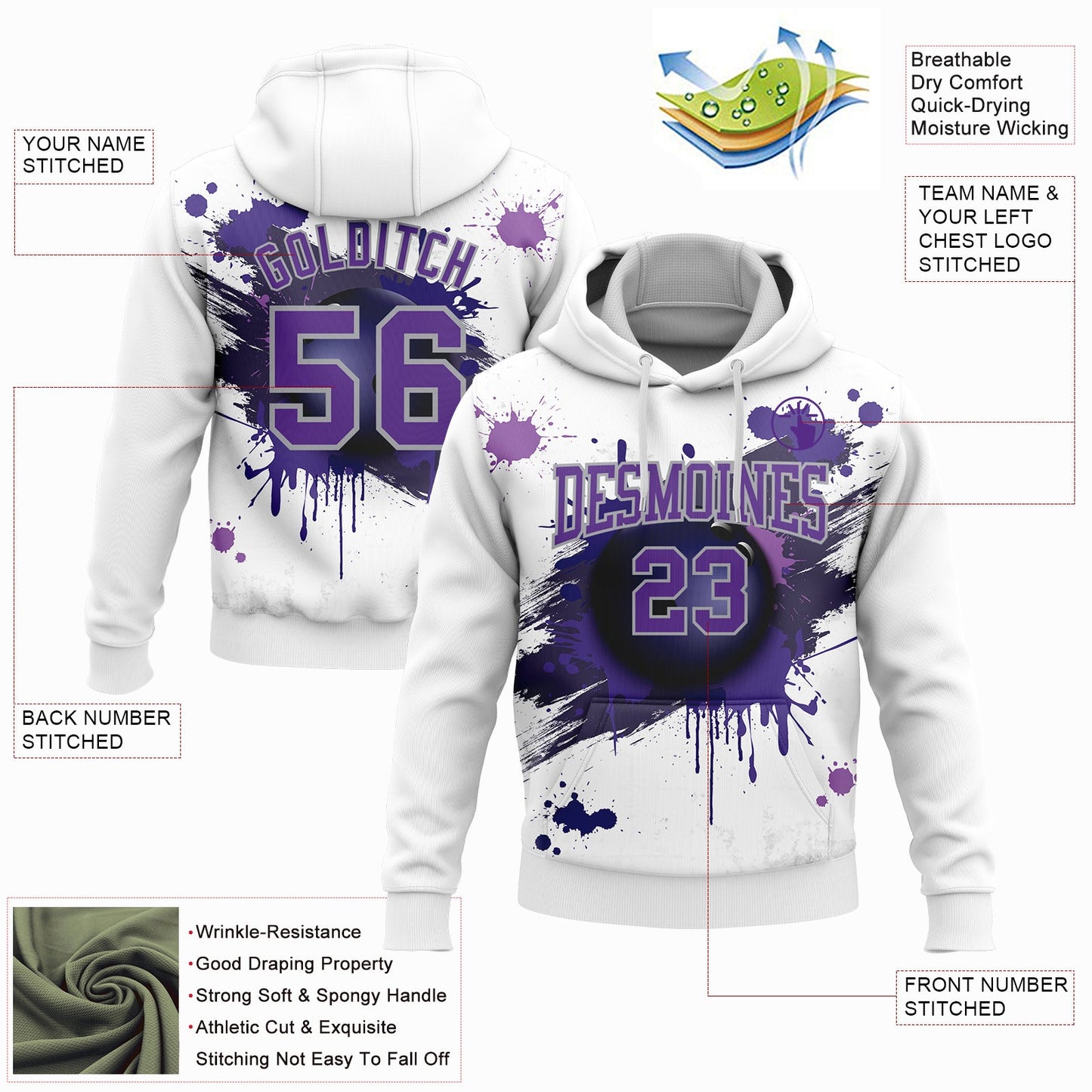 Custom Stitched White Purple-Gray 3D Dripping Splatter Bowling Ball Sports Pullover Sweatshirt Hoodie view 2