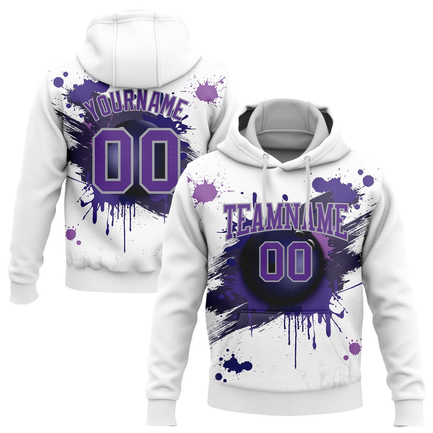 Custom Stitched White Purple-Gray 3D Dripping Splatter Bowling Ball Sports Pullover Sweatshirt Hoodie - Main View