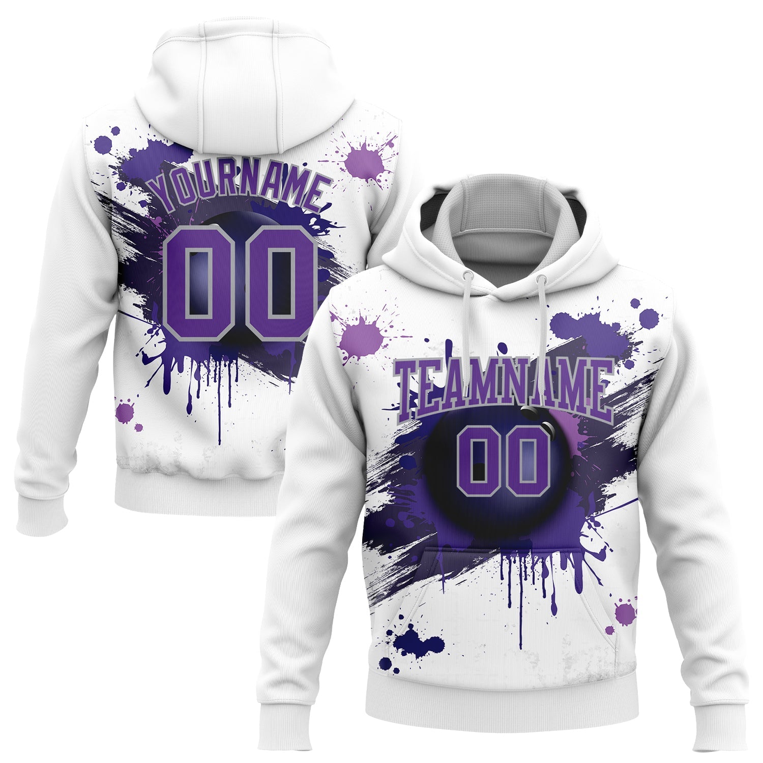 Custom Stitched White Purple-Gray 3D Dripping Splatter Bowling Ball Sports Pullover Sweatshirt Hoodie - Main View