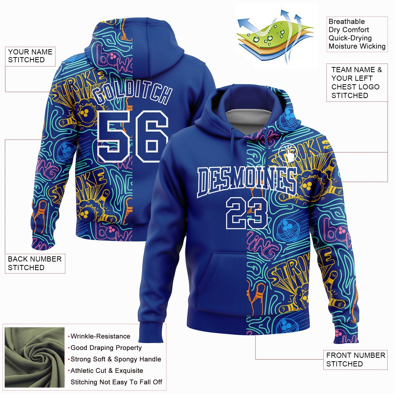 Custom Stitched Royal White 3D Bowling Sports Pullover Sweatshirt Hoodie view 2