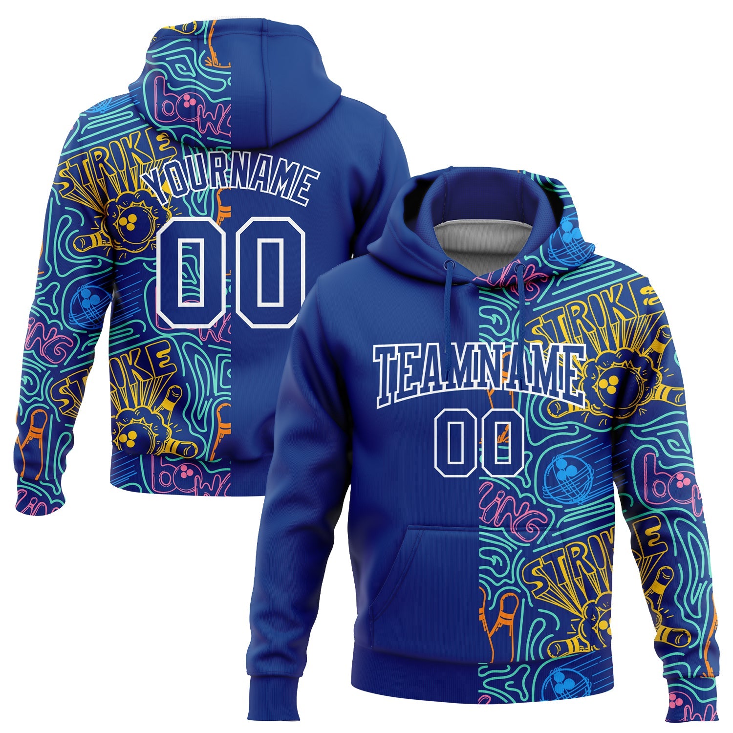 Custom Stitched Royal White 3D Bowling Sports Pullover Sweatshirt Hoodie - Main View