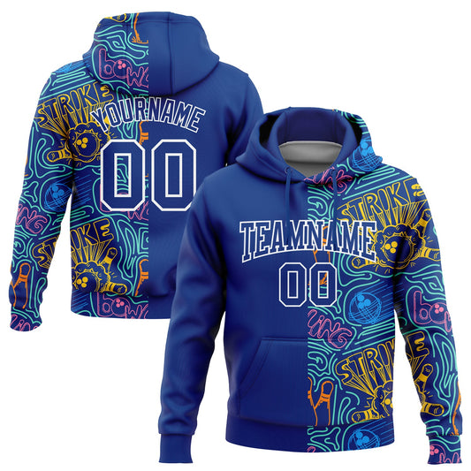Custom Stitched Royal White 3D Bowling Sports Pullover Sweatshirt Hoodie - Main View
