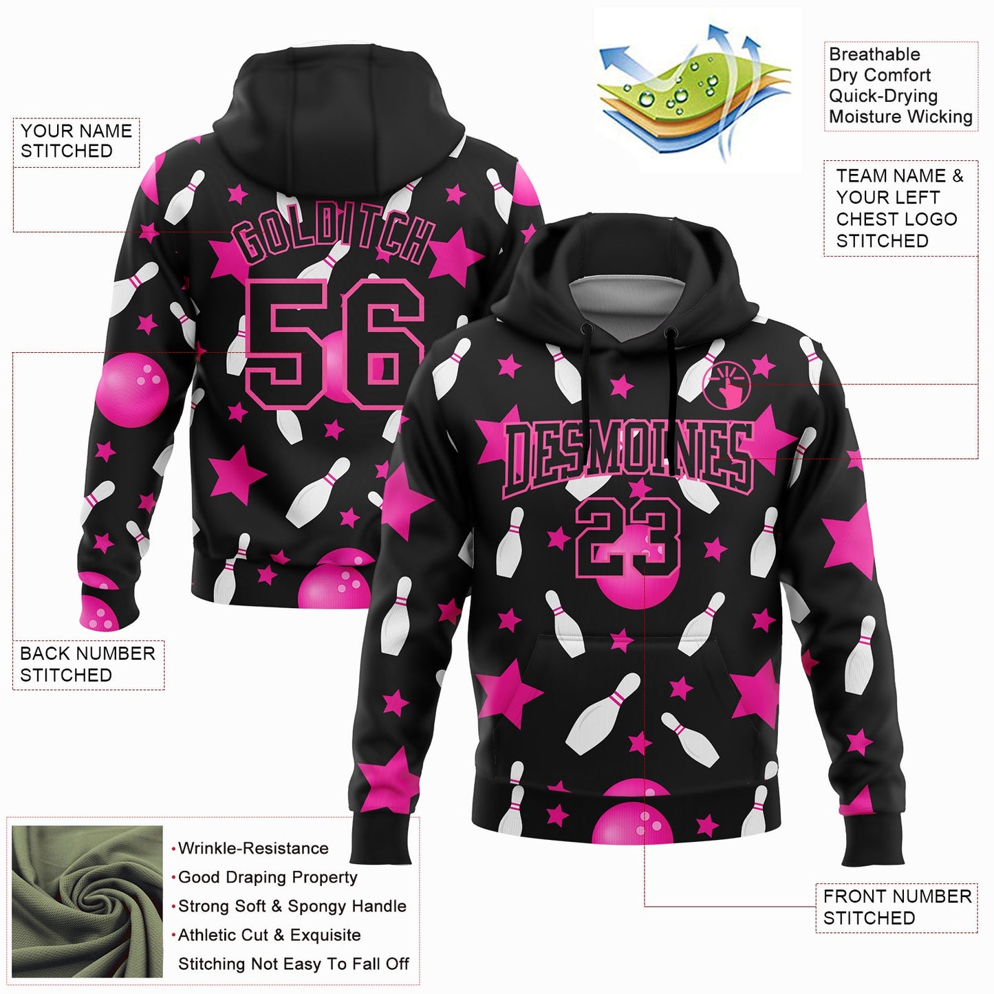 Custom Stitched Black Pink 3D Bowling Sports Pullover Sweatshirt Hoodie view 2