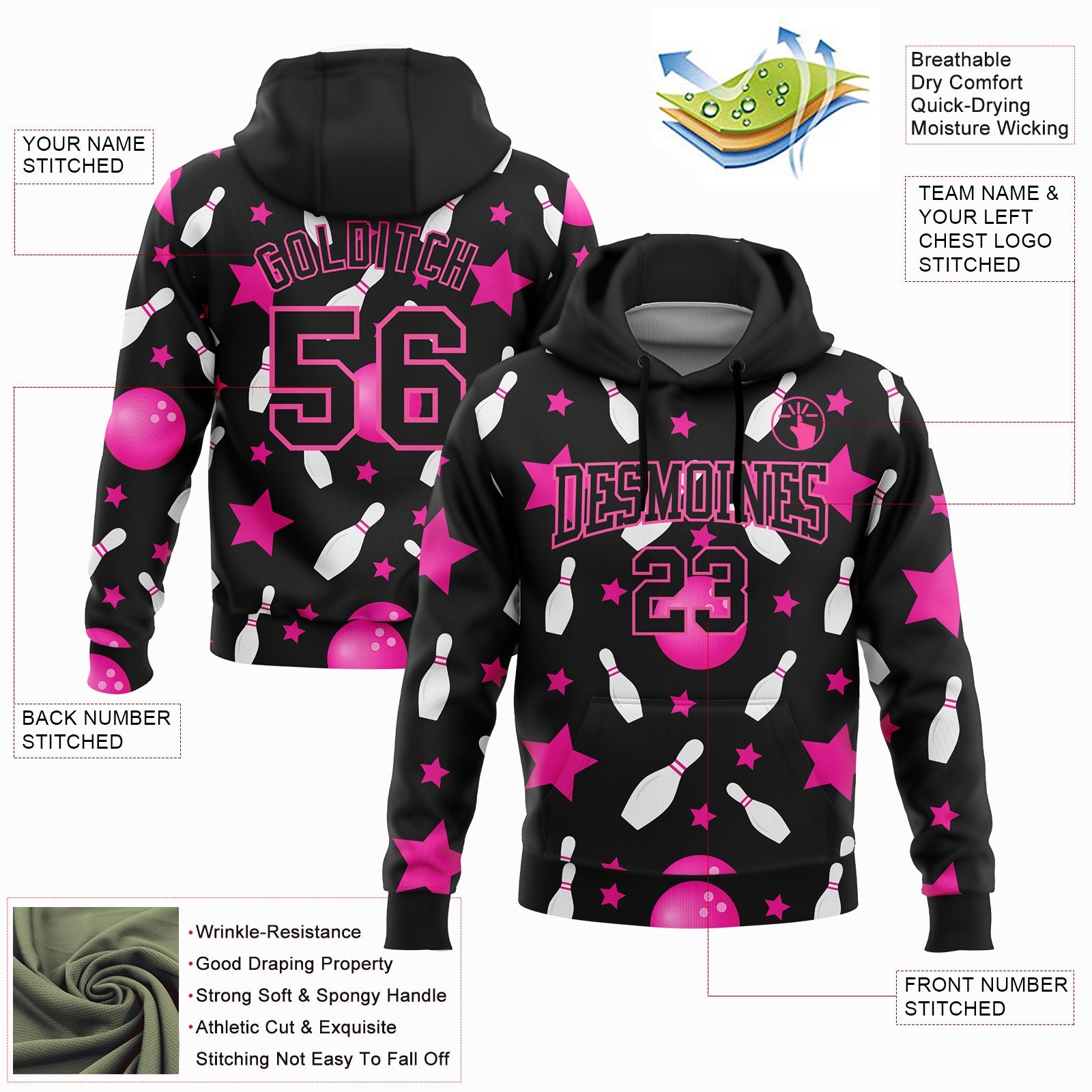 Custom Stitched Black Pink 3D Bowling Sports Pullover Sweatshirt Hoodie view 2