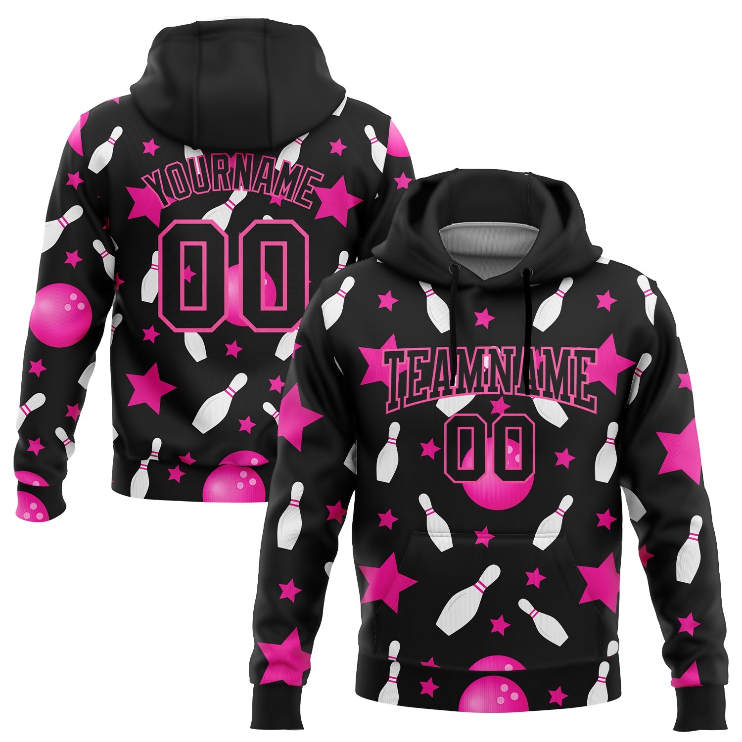 Custom Stitched Black Pink 3D Bowling Sports Pullover Sweatshirt Hoodie - Main View