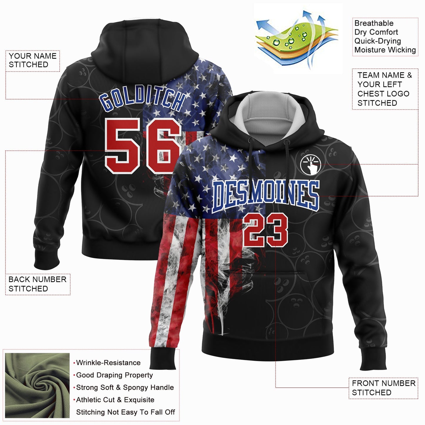 Custom Stitched Black Red-Royal 3D American Flag Bowling Sports Pullover Sweatshirt Hoodie view 2