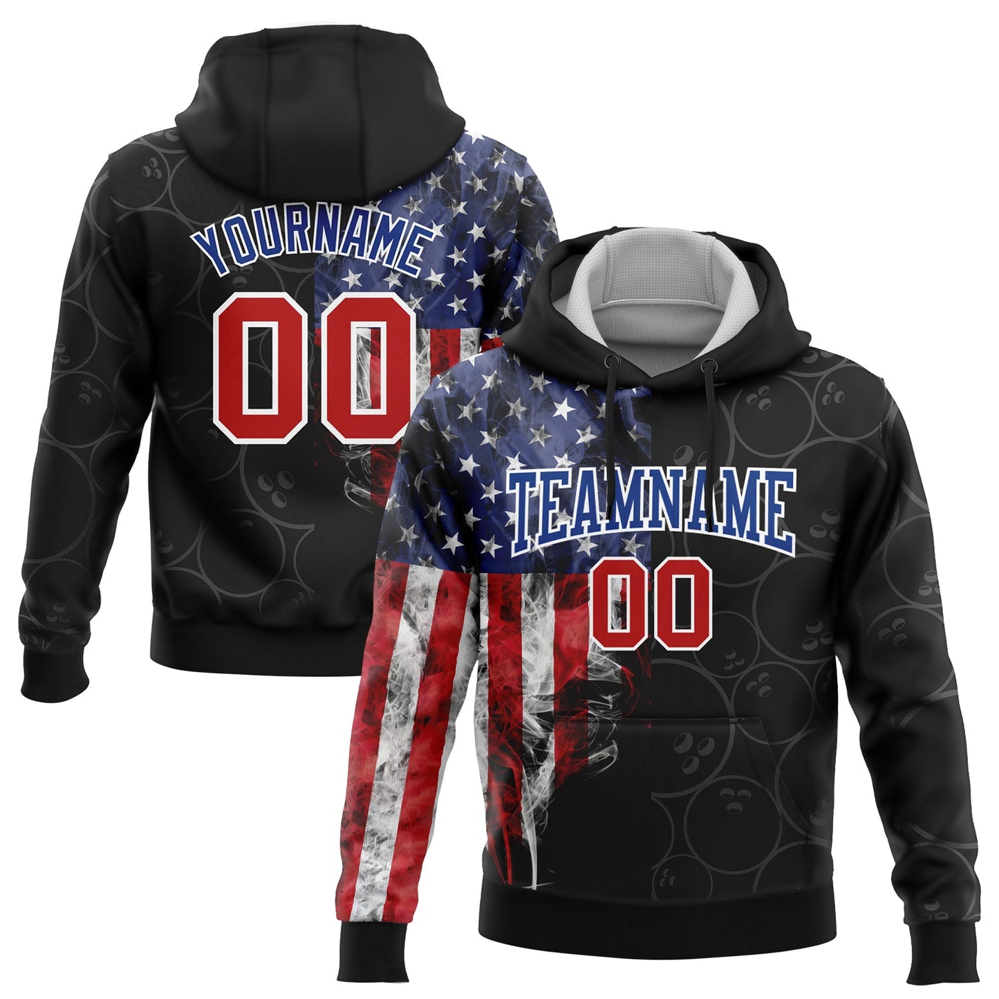 Custom Stitched Black Red-Royal 3D American Flag Bowling Sports Pullover Sweatshirt Hoodie - Main View