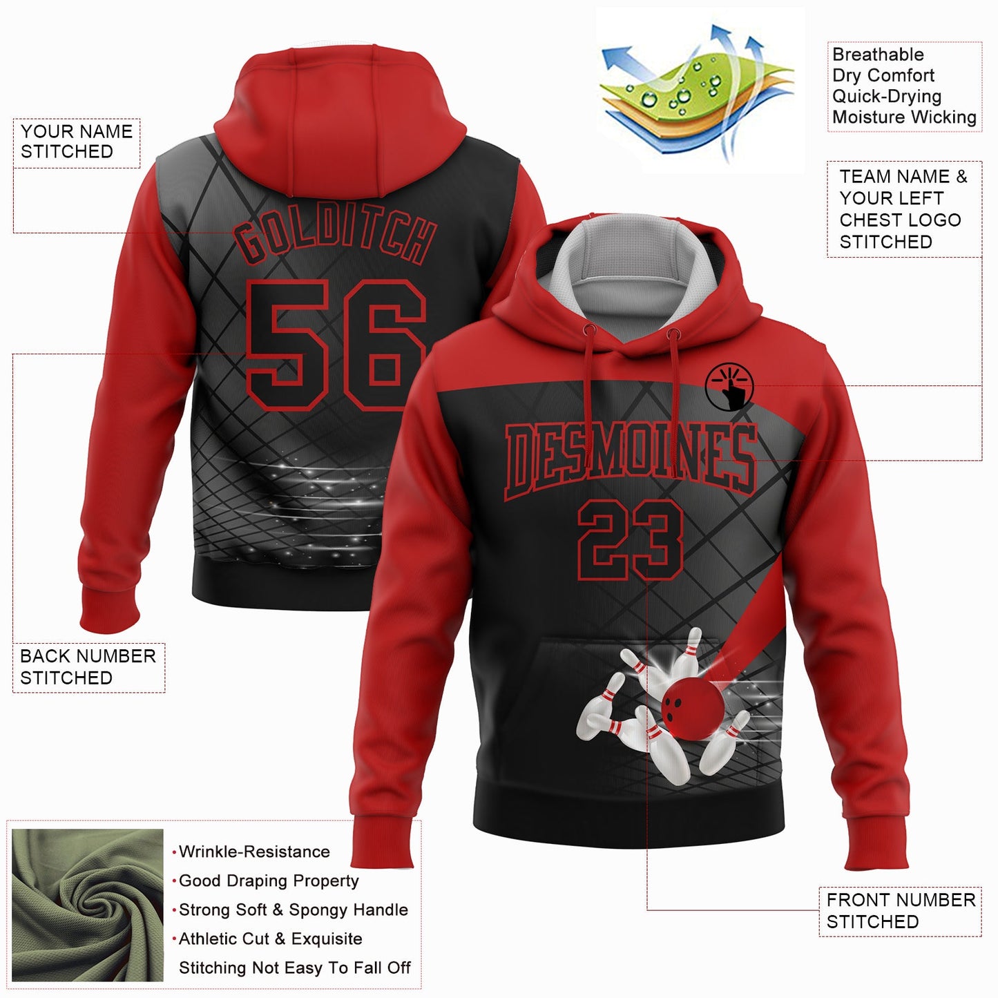 Custom Black Red 3D Bowling Sports Pullover Sweatshirt Hoodie view 2