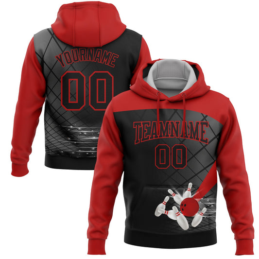 Custom Black Red 3D Bowling Sports Pullover Sweatshirt Hoodie - Main View