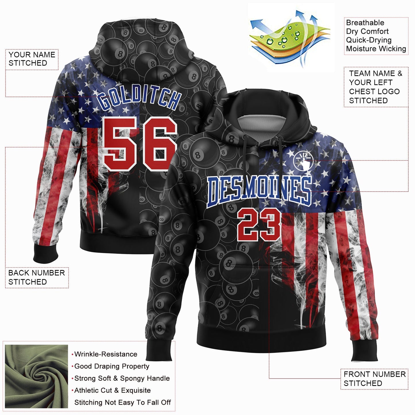 Custom Stitched Black Red-Royal 3D Billiard Snooker 8 Ball American Flag Sports Pullover Sweatshirt Hoodie view 2