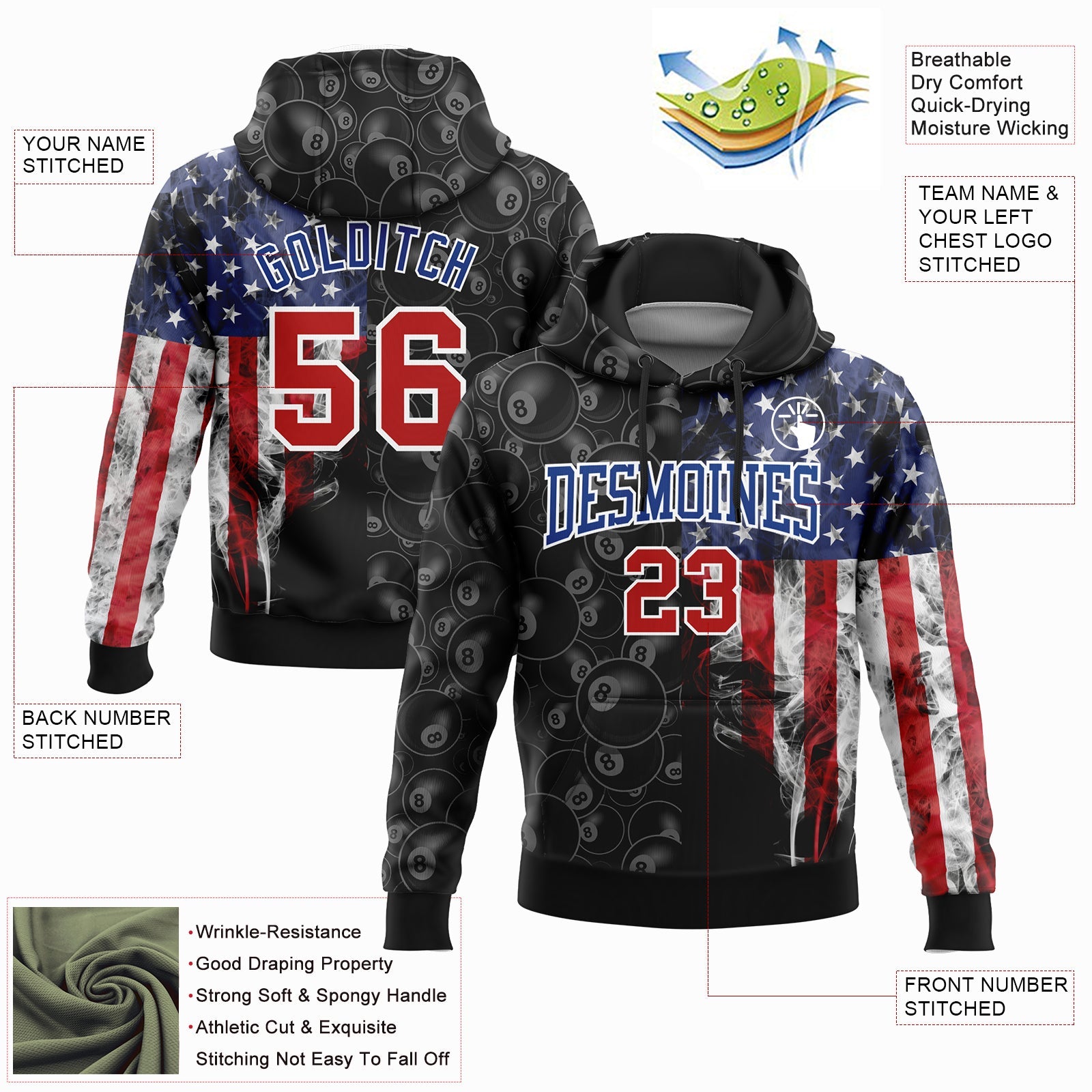 Custom Stitched Black Red-Royal 3D Billiard Snooker 8 Ball American Flag Sports Pullover Sweatshirt Hoodie view 2