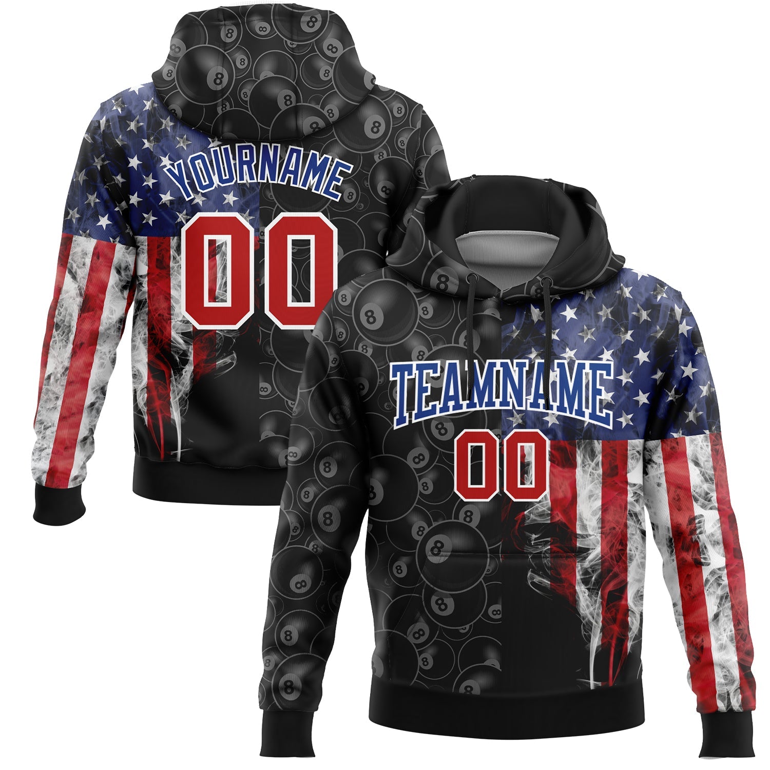 Custom Stitched Black Red-Royal 3D Billiard Snooker 8 Ball American Flag Sports Pullover Sweatshirt Hoodie - Main View