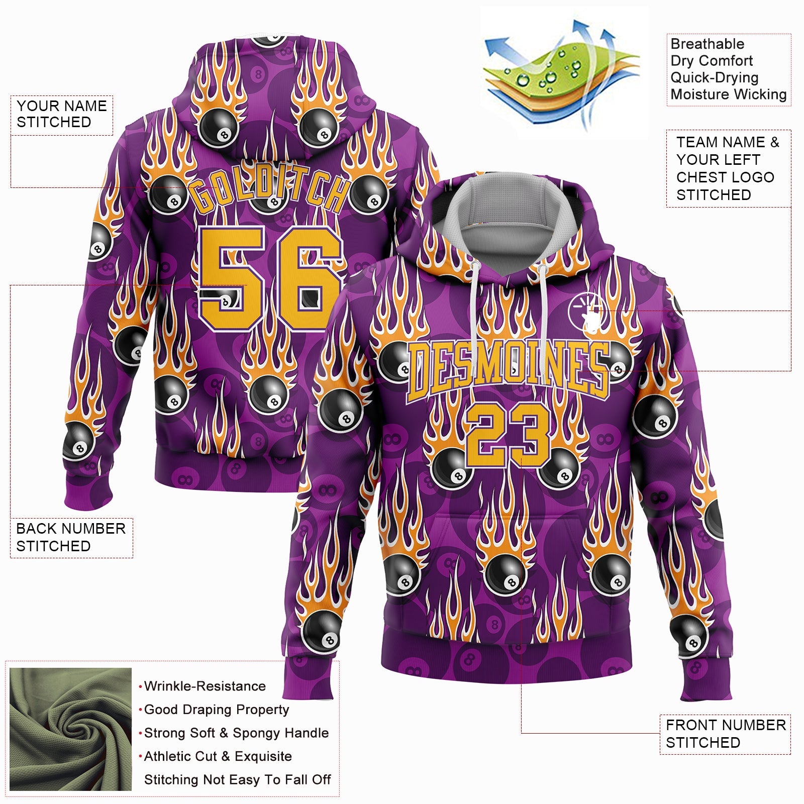 Custom Stitched Purple Gold-White 3D Billiard Snooker 8 Ball With Hotrod Flame Sports Pullover Sweatshirt Hoodie view 2
