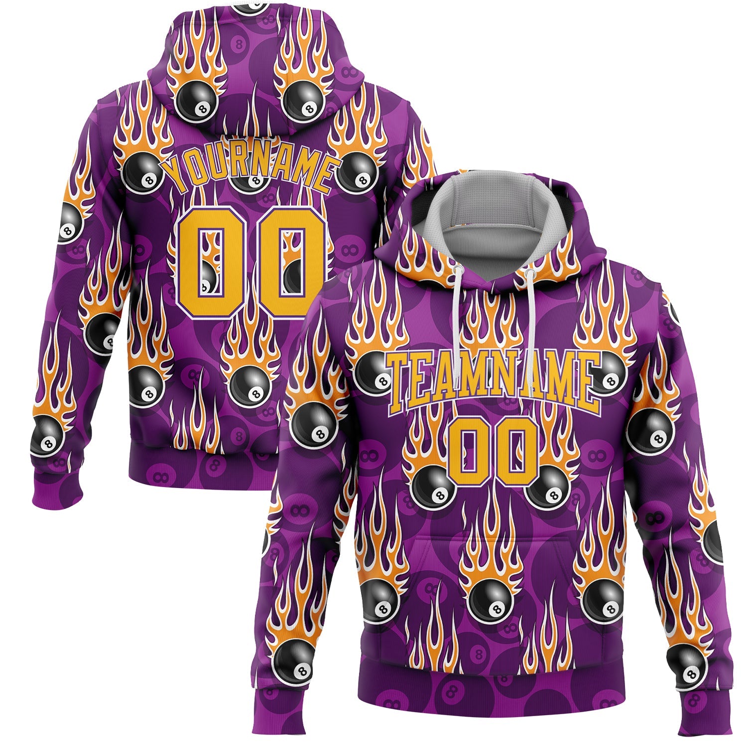 Custom Stitched Purple Gold-White 3D Billiard Snooker 8 Ball With Hotrod Flame Sports Pullover Sweatshirt Hoodie - Main View