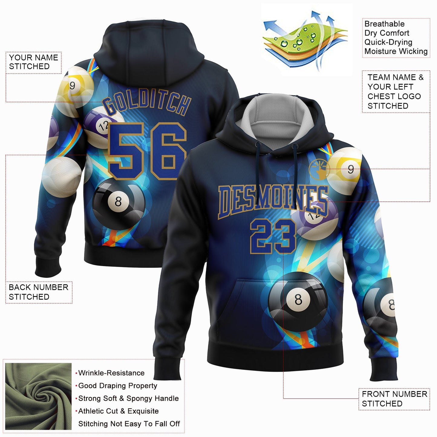 Custom Stitched Navy Royal-Old Gold 3D Billiard Sports Pullover Sweatshirt Hoodie view 2