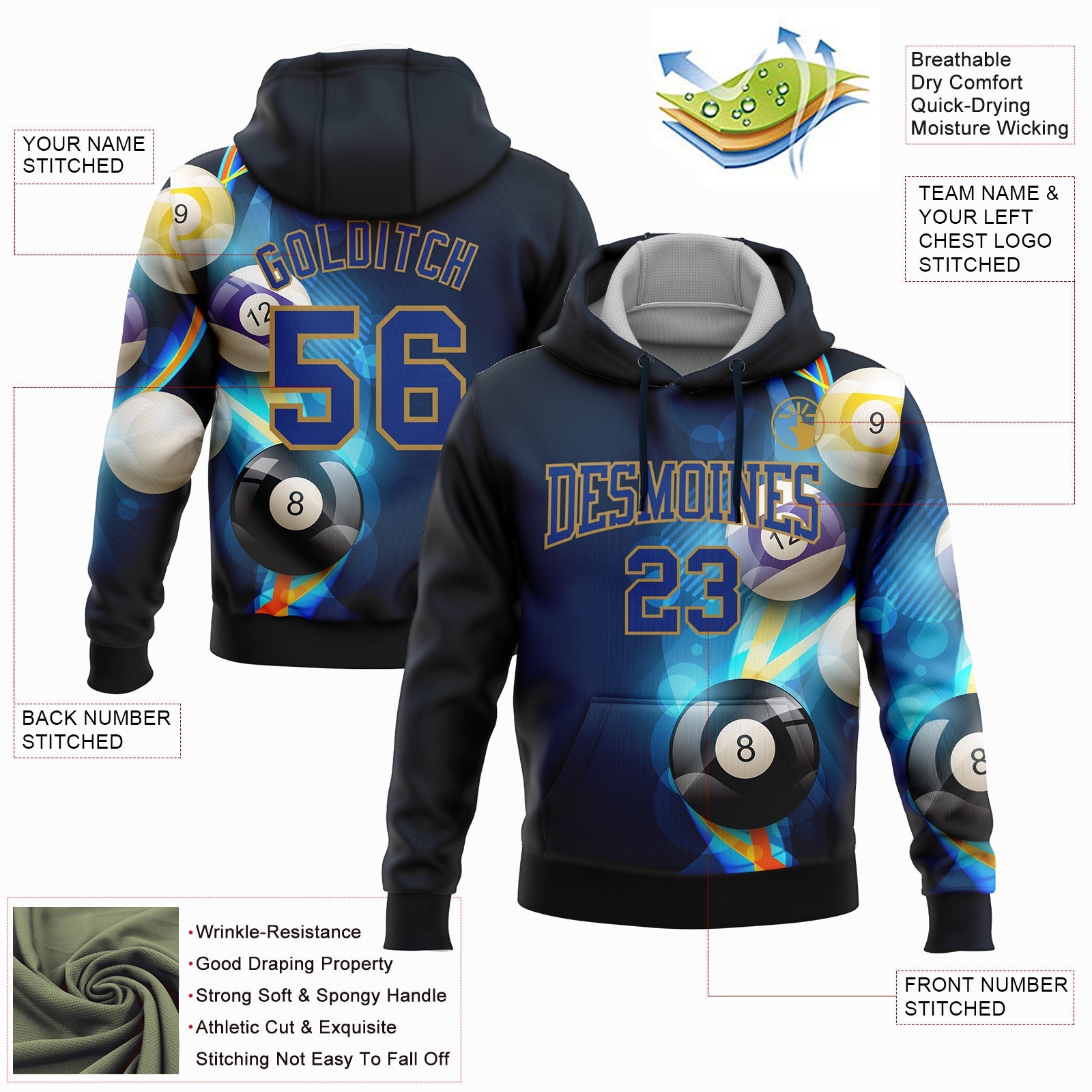 Custom Stitched Navy Royal-Old Gold 3D Billiard Sports Pullover Sweatshirt Hoodie view 2