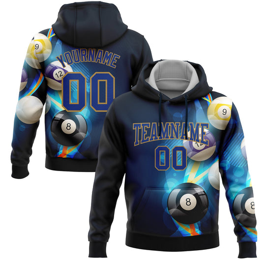 Custom Stitched Navy Royal-Old Gold 3D Billiard Sports Pullover Sweatshirt Hoodie - Main View