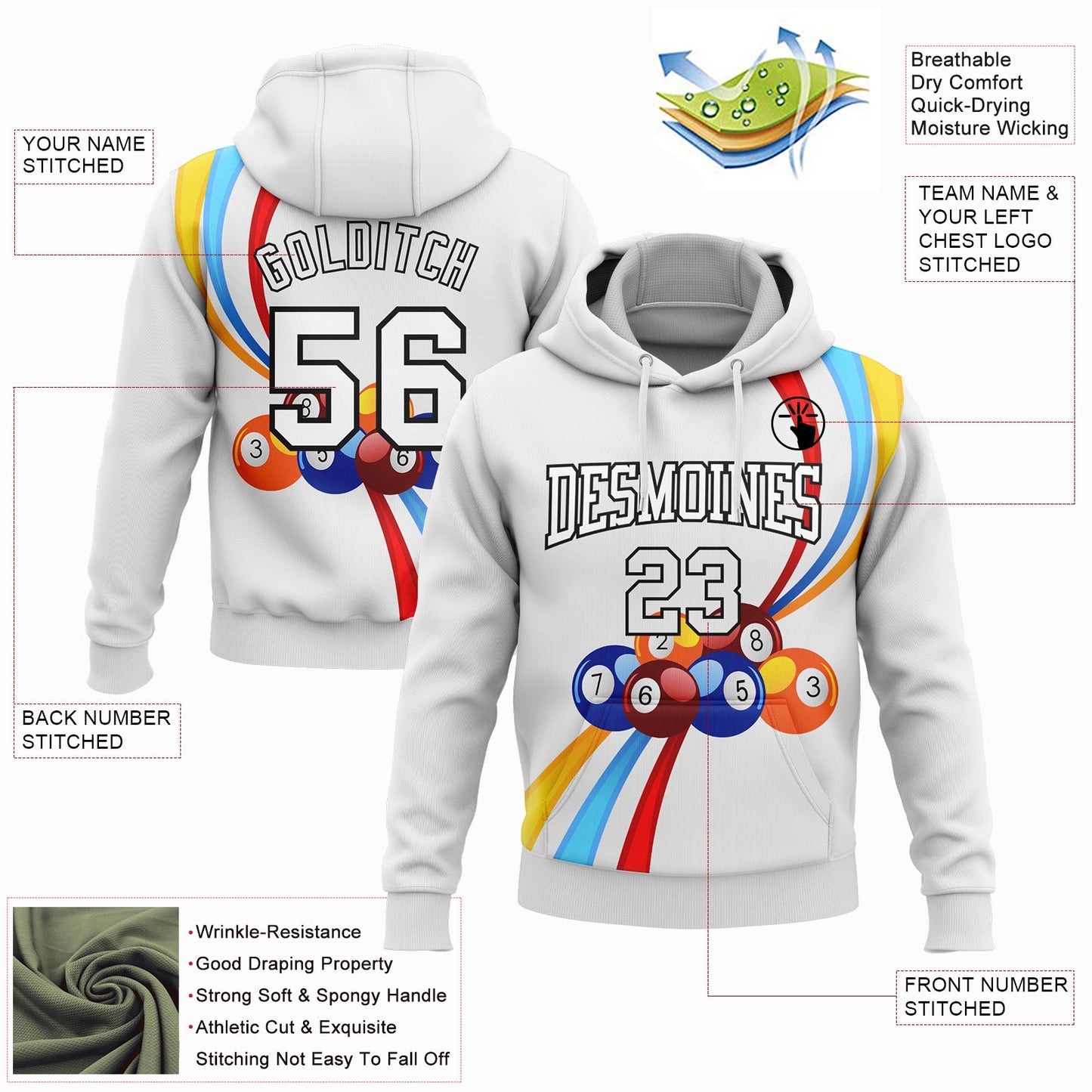 Custom Stitched White Black 3D Billiard Sports Pullover Sweatshirt Hoodie view 2
