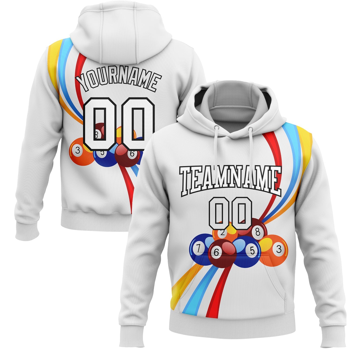 Custom Stitched White Black 3D Billiard Sports Pullover Sweatshirt Hoodie - Main View