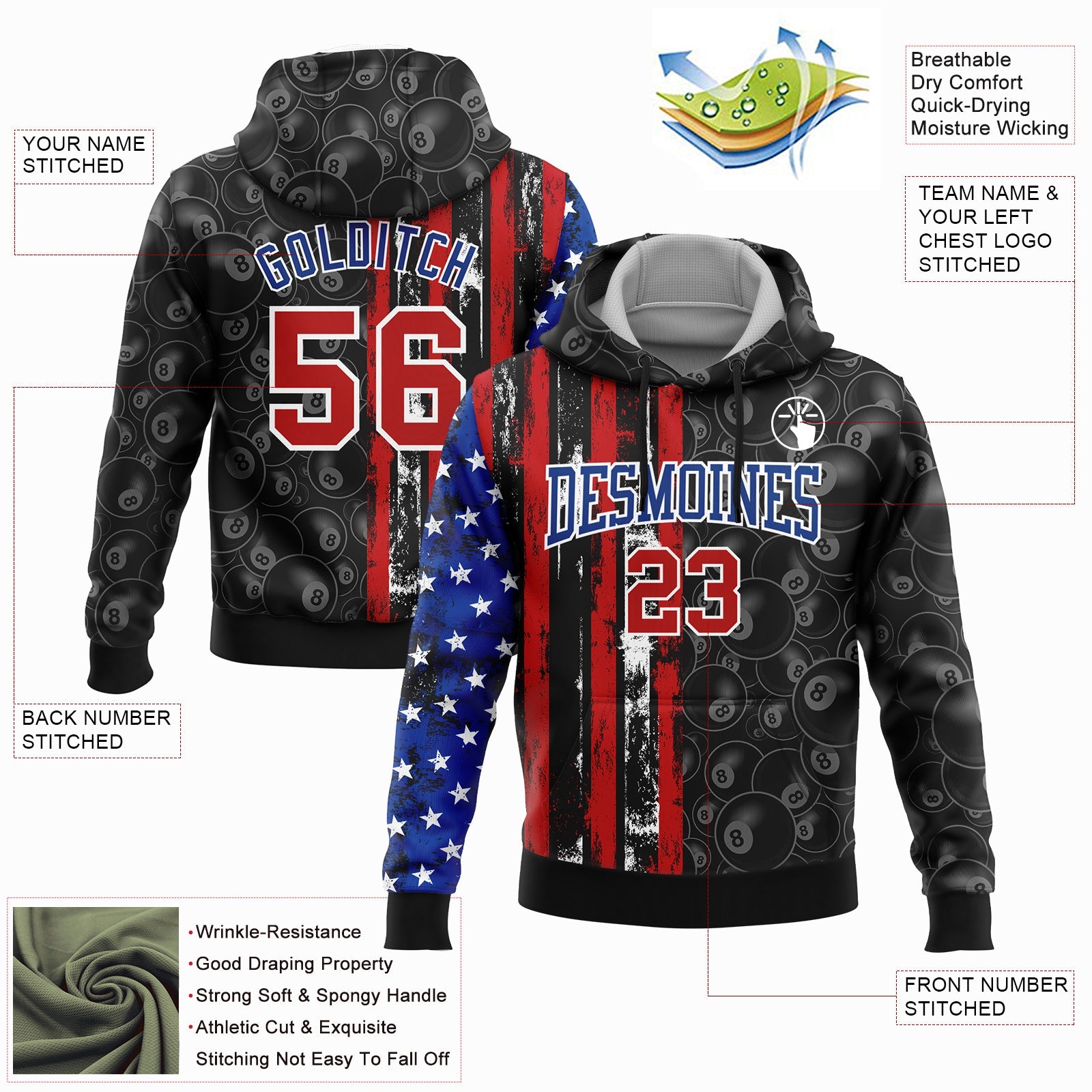 Custom Stitched Black Red-Royal 3D Billiard Snooker 8 Ball American Flag Sports Pullover Sweatshirt Hoodie view 2