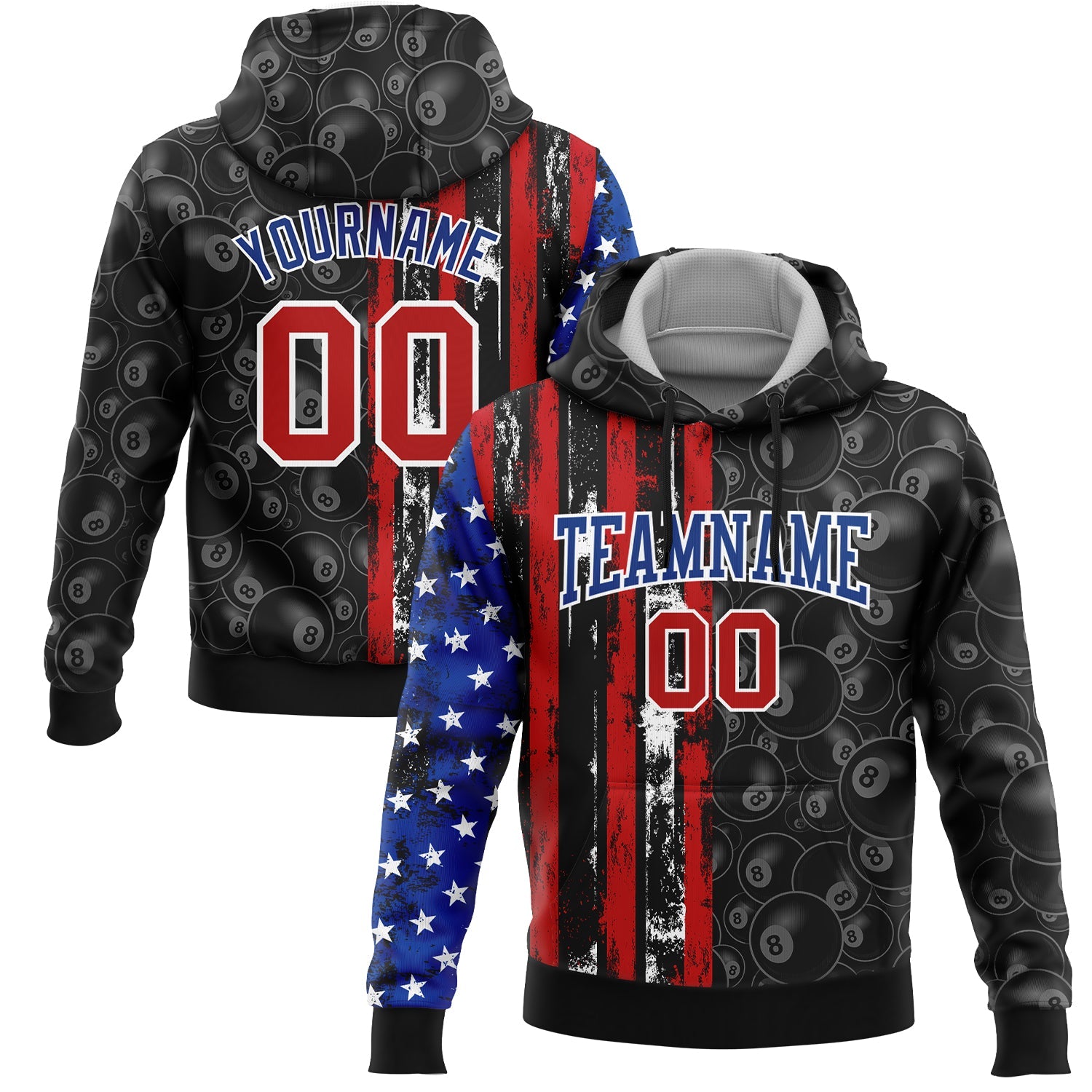 Custom Stitched Black Red-Royal 3D Billiard Snooker 8 Ball American Flag Sports Pullover Sweatshirt Hoodie - Main View