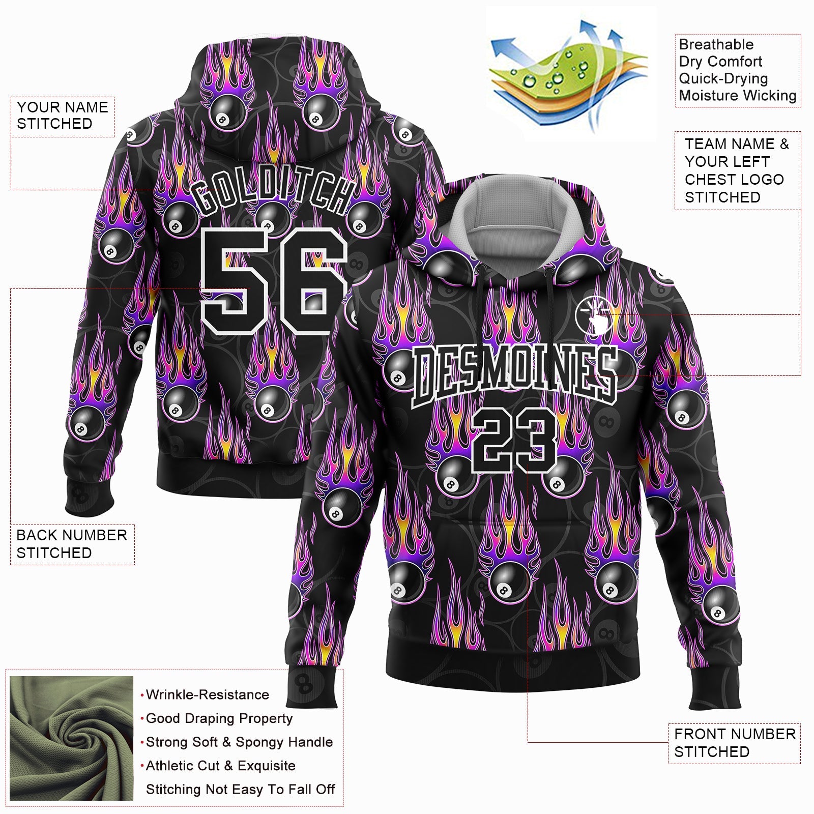 Custom Stitched Black White-Purple 3D Flame Billiard Snooker 8 Ball Sports Pullover Sweatshirt Hoodie view 2