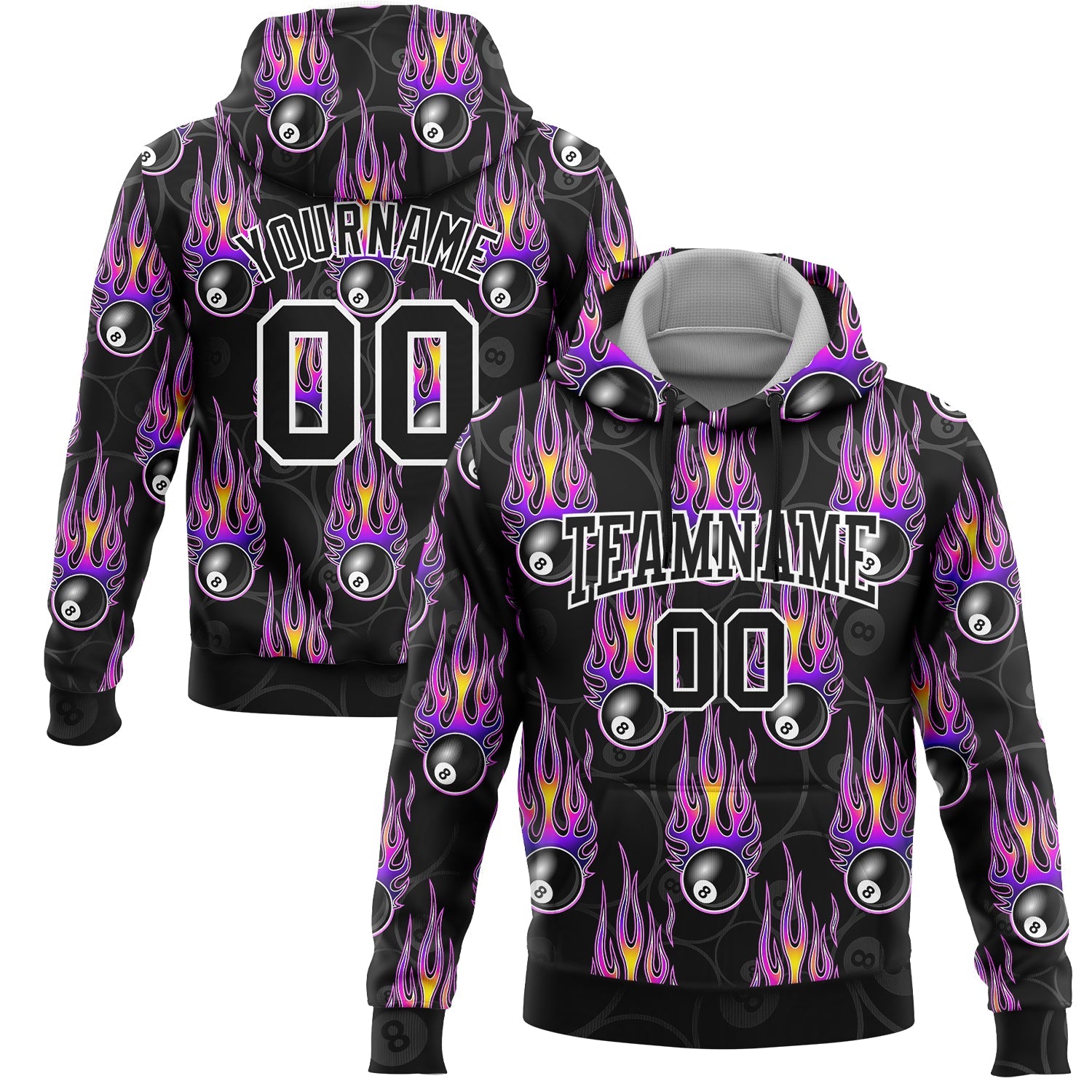Custom Stitched Black White-Purple 3D Flame Billiard Snooker 8 Ball Sports Pullover Sweatshirt Hoodie - Main View