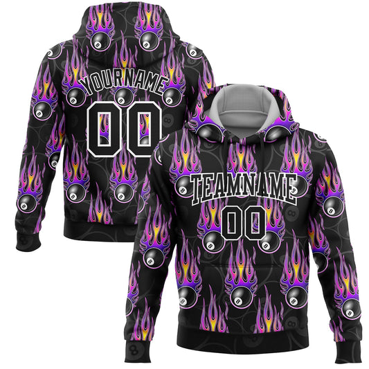 Custom Stitched Black White-Purple 3D Flame Billiard Snooker 8 Ball Sports Pullover Sweatshirt Hoodie - Main View