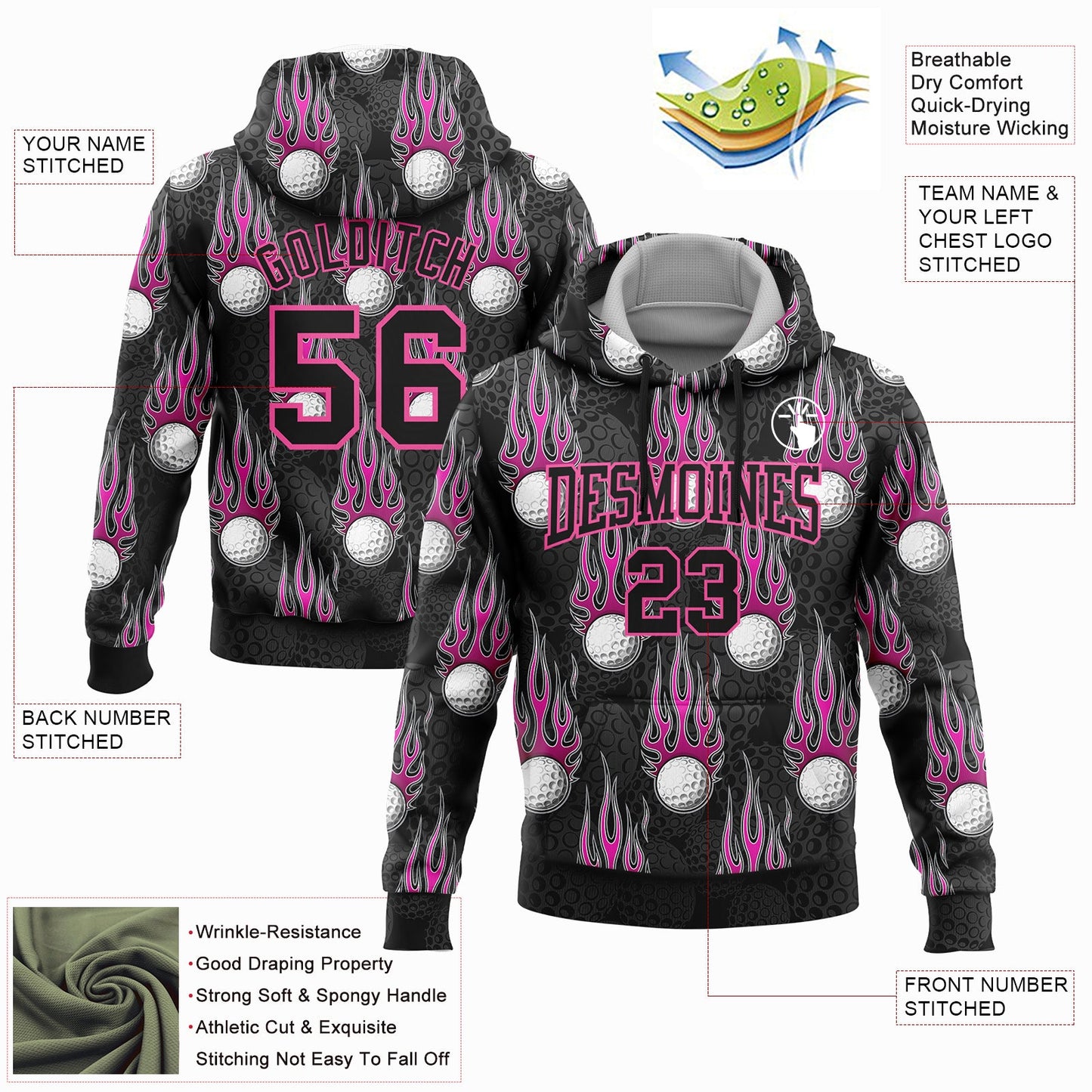 Custom Stitched Black Pink-White 3D Flame Golf Ball Sports Pullover Sweatshirt Hoodie view 2