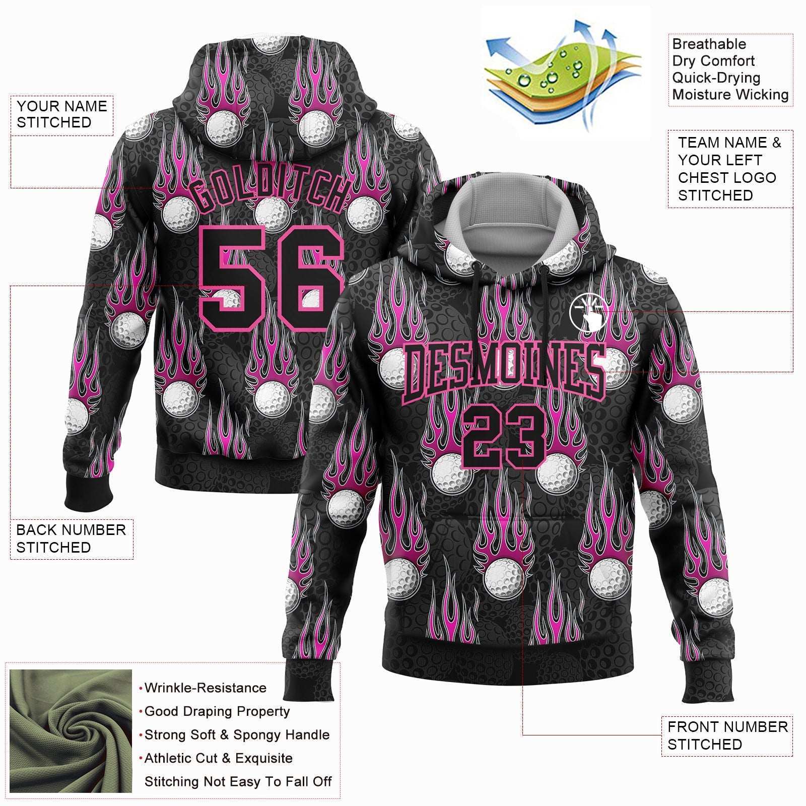 Custom Stitched Black Pink-White 3D Flame Golf Ball Sports Pullover Sweatshirt Hoodie view 2