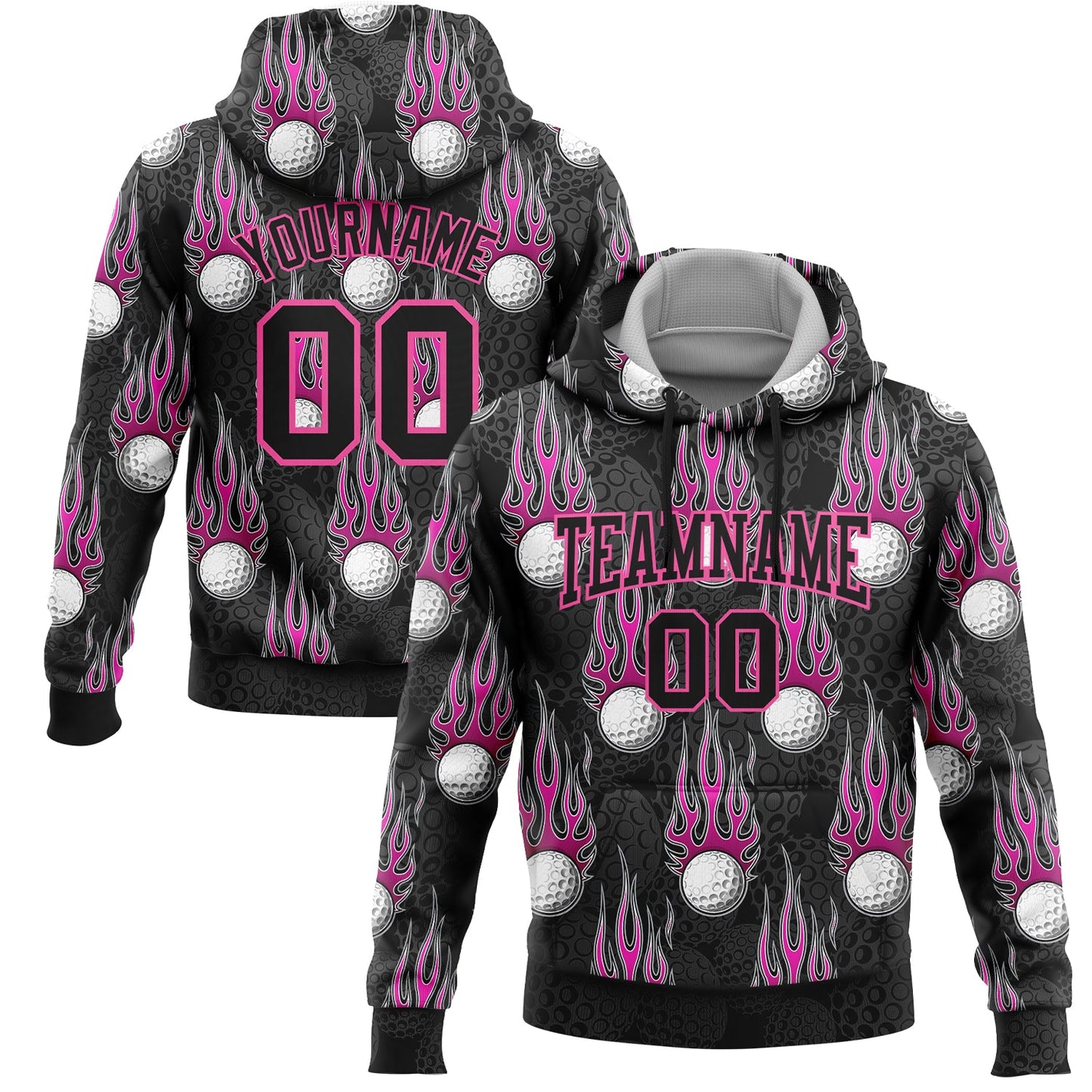 Custom Stitched Black Pink-White 3D Flame Golf Ball Sports Pullover Sweatshirt Hoodie - Main View