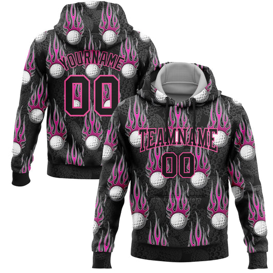 Custom Stitched Black Pink-White 3D Flame Golf Ball Sports Pullover Sweatshirt Hoodie - Main View