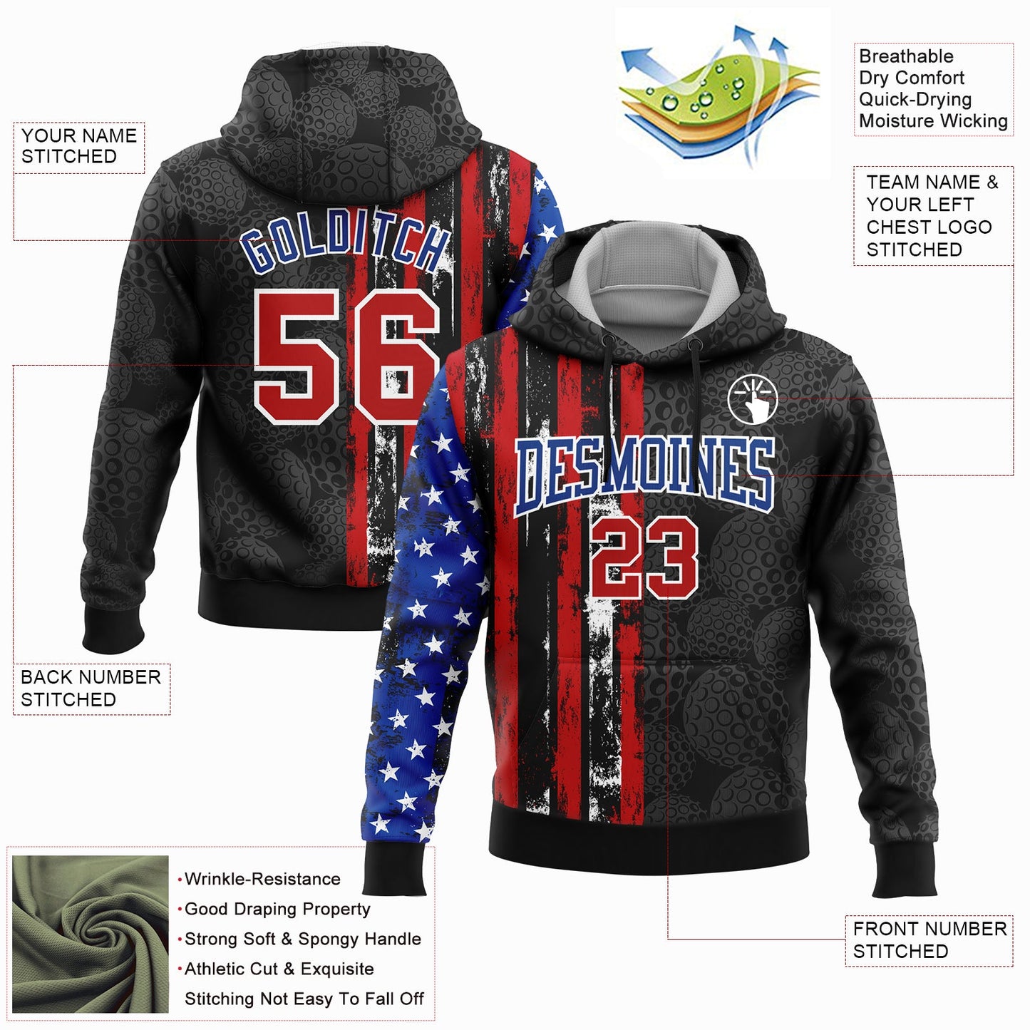 Custom Stitched Black Red-Royal 3D Golf Ball American Flag Sports Pullover Sweatshirt Hoodie view 2