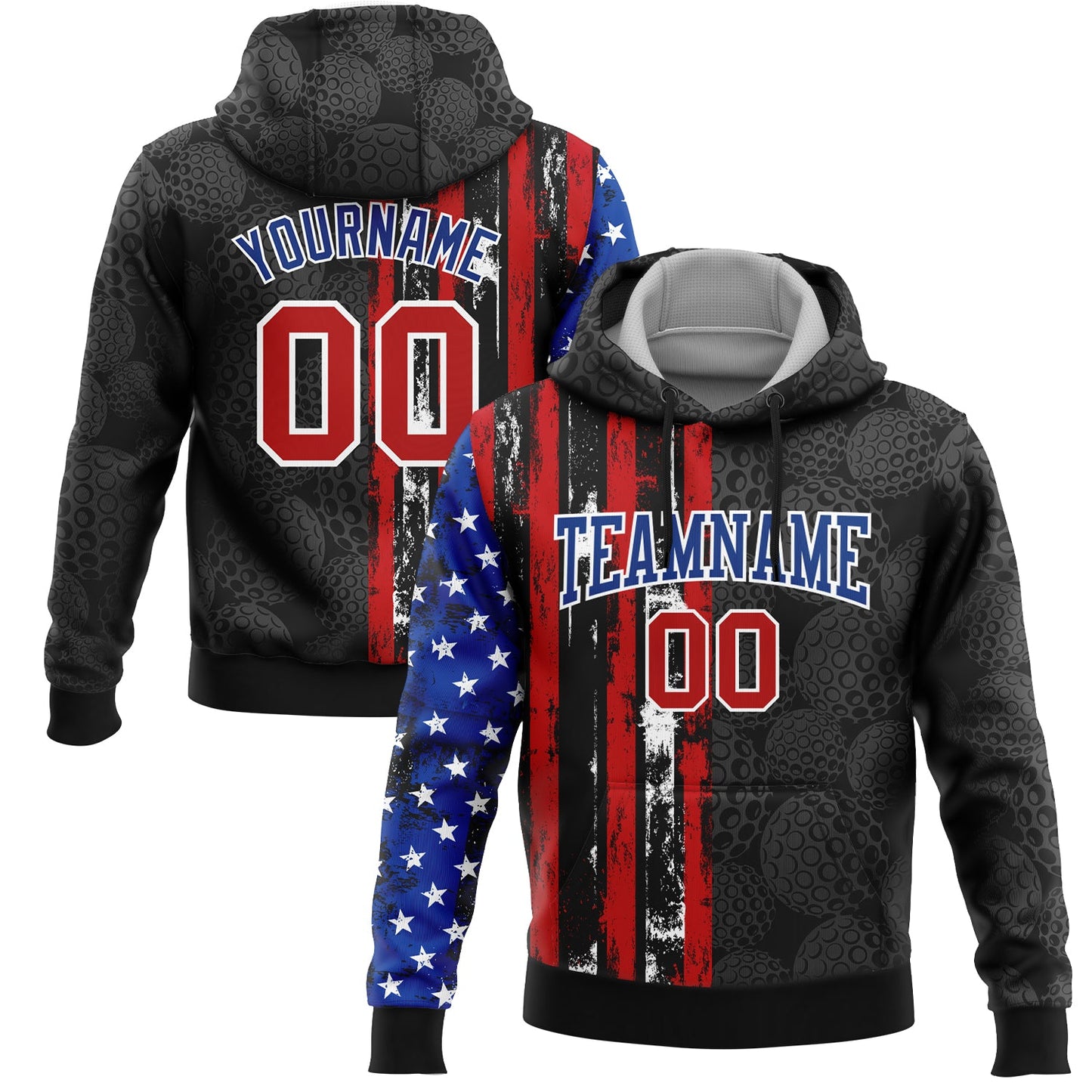 Custom Stitched Black Red-Royal 3D Golf Ball American Flag Sports Pullover Sweatshirt Hoodie - Main View