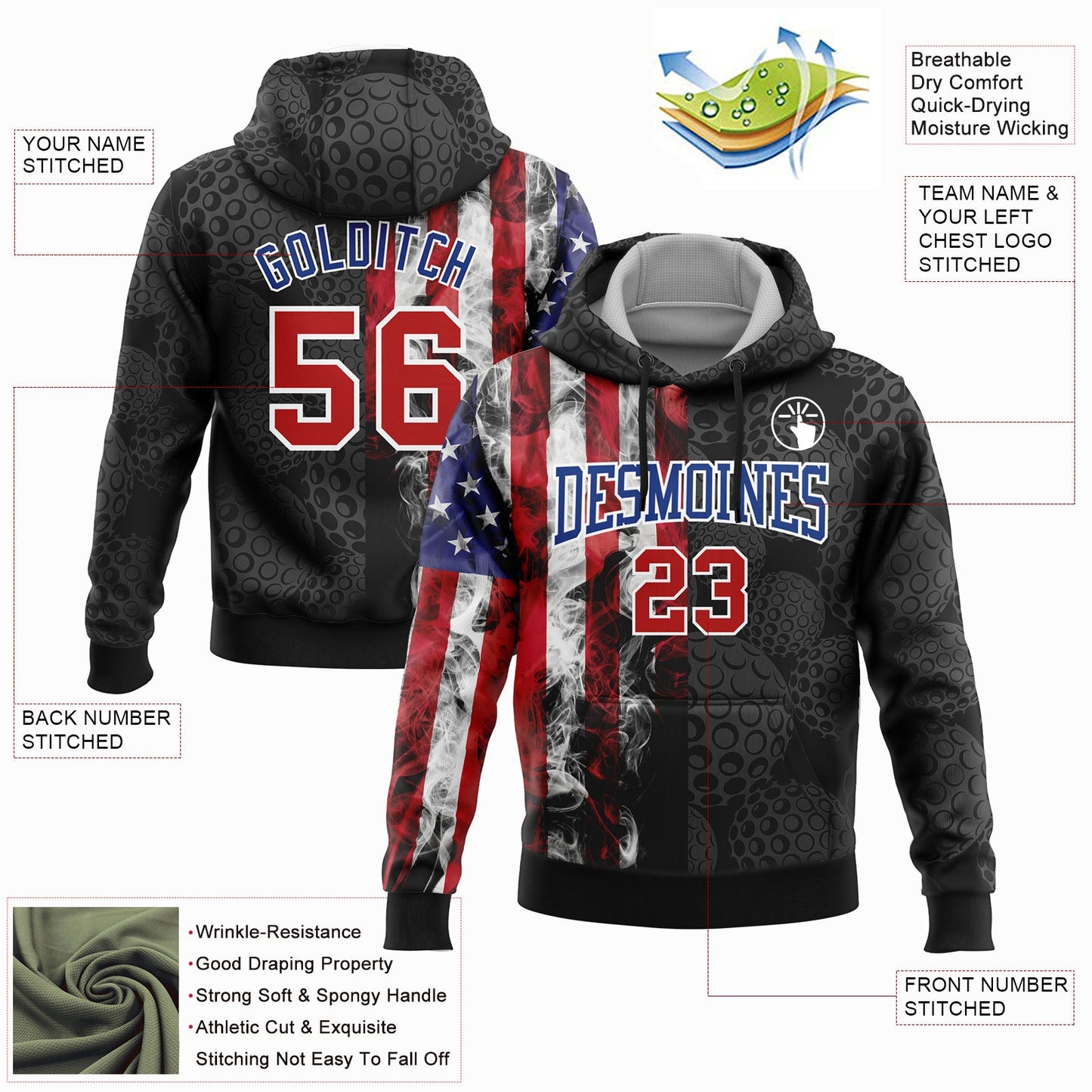 Custom Stitched Black Red-Royal 3D Golf Ball American Flag Sports Pullover Sweatshirt Hoodie view 2