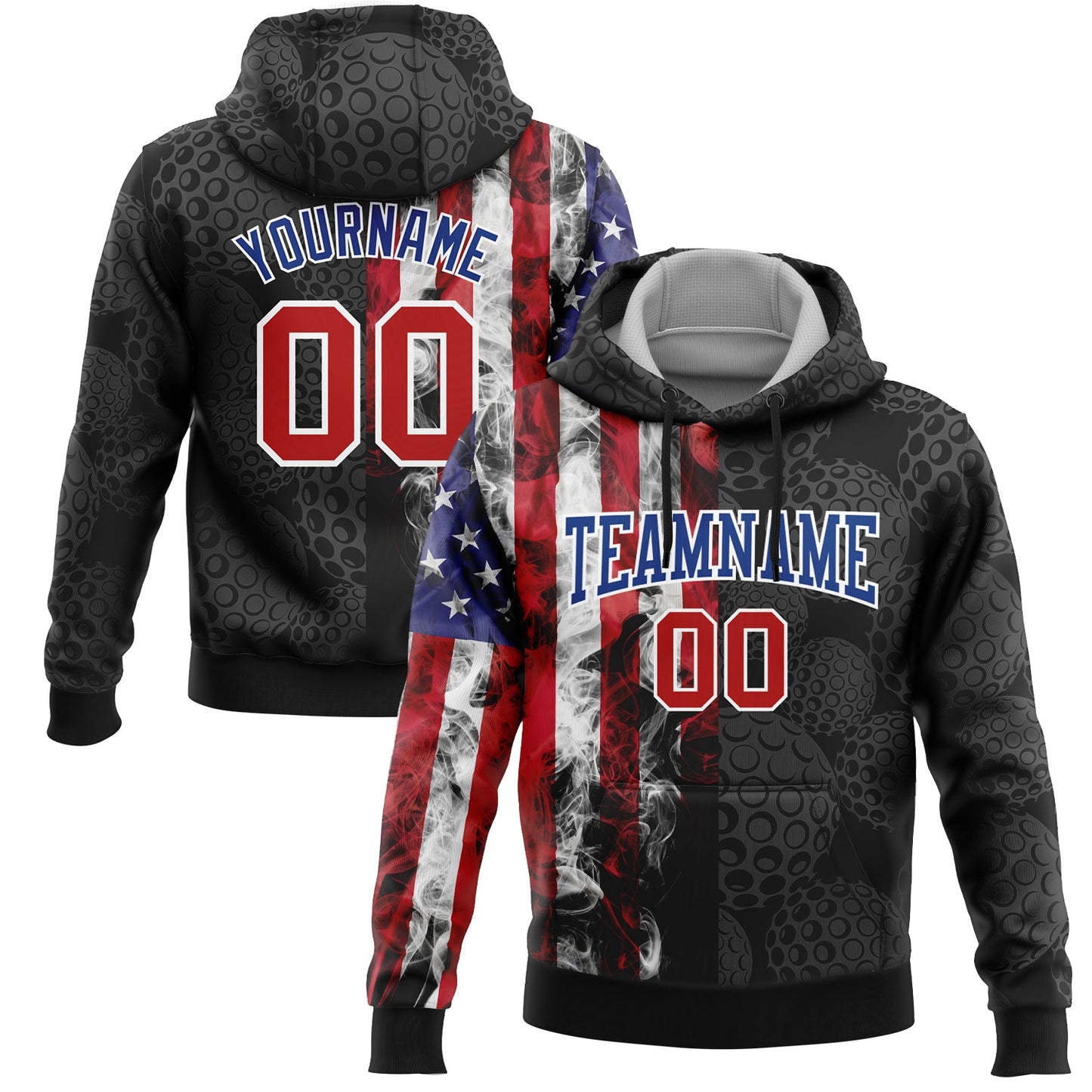 Custom Stitched Black Red-Royal 3D Golf Ball American Flag Sports Pullover Sweatshirt Hoodie - Main View