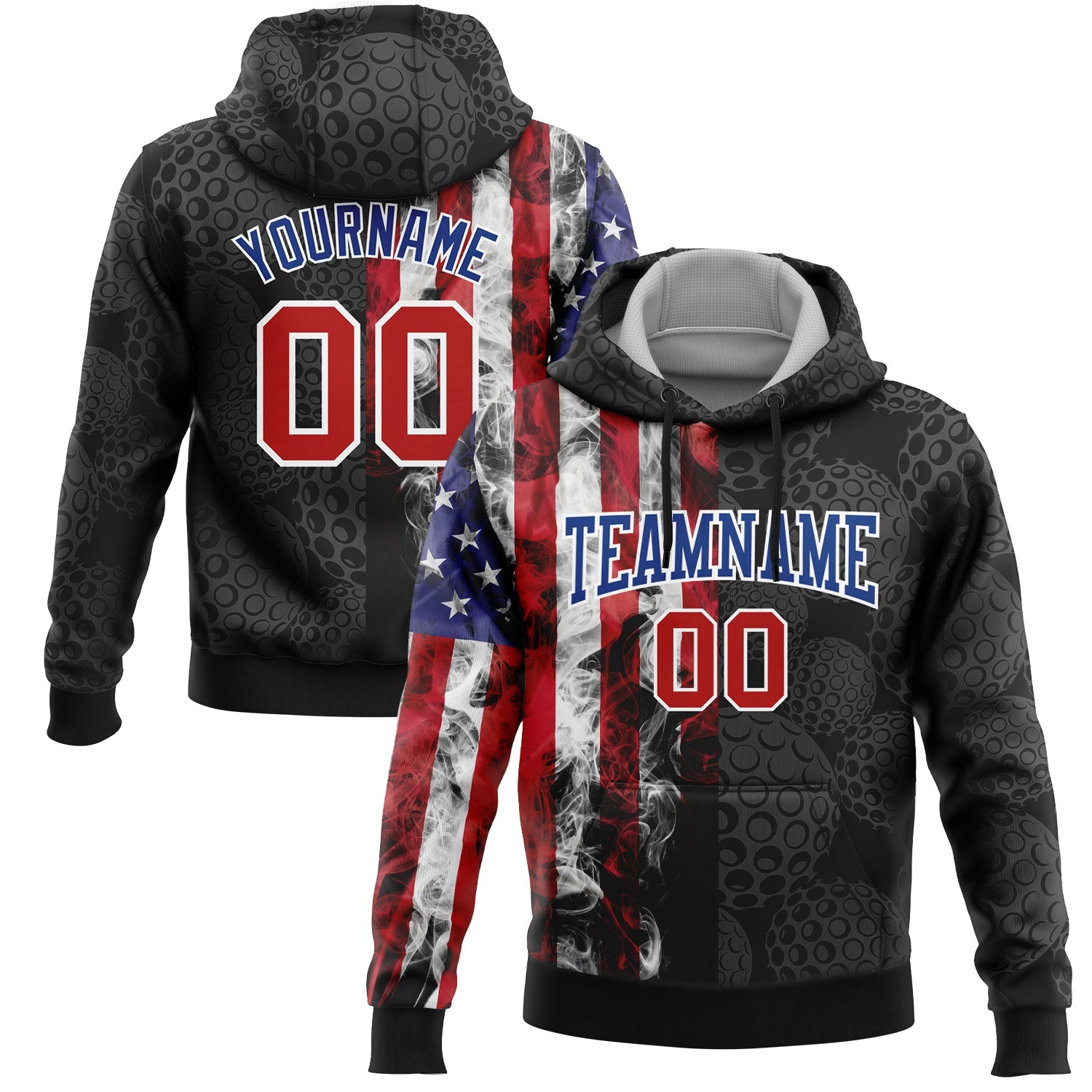 Custom Stitched Black Red-Royal 3D Golf Ball American Flag Sports Pullover Sweatshirt Hoodie - Main View