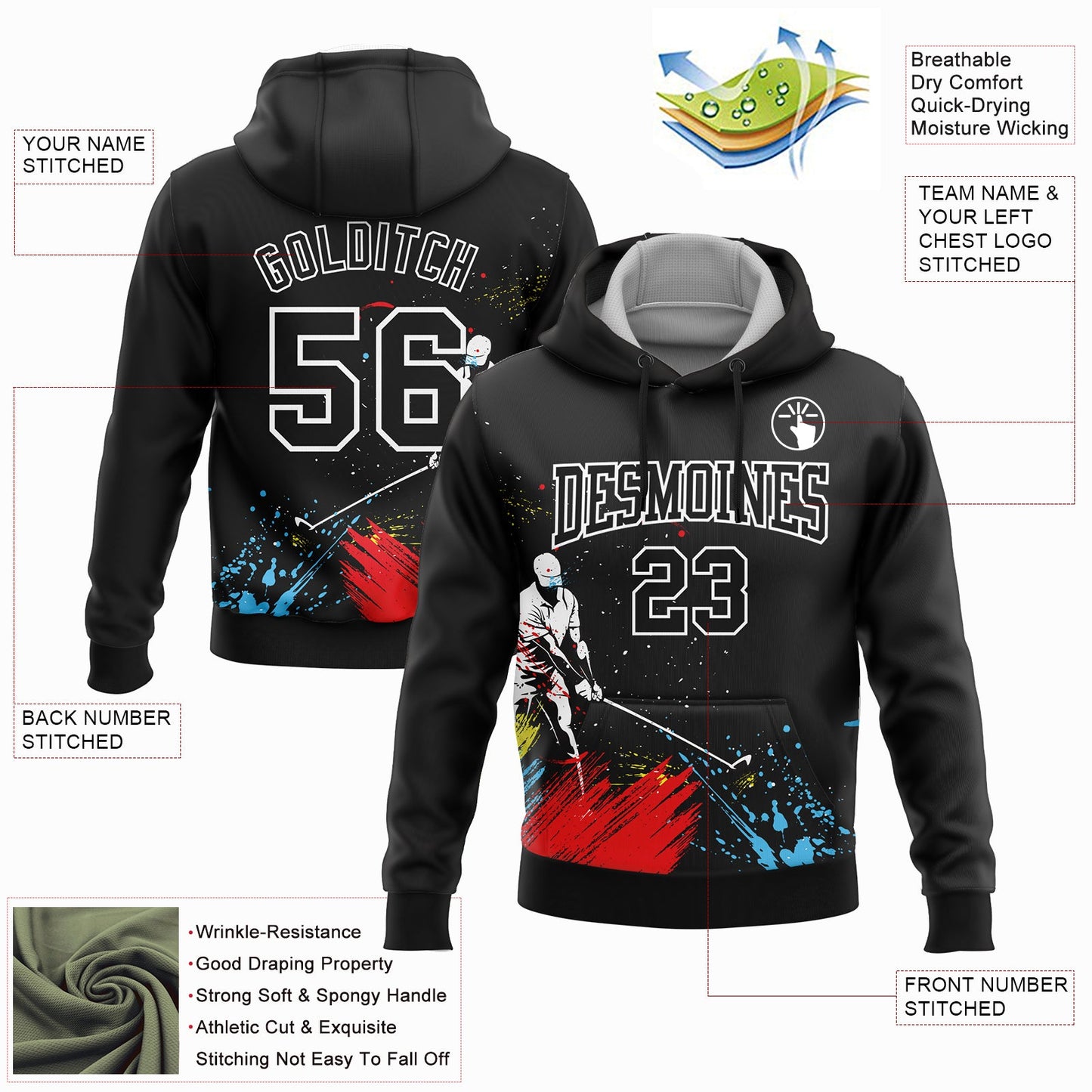 Custom Stitched Black White 3D Golfing Golf Sports Pullover Sweatshirt Hoodie view 2