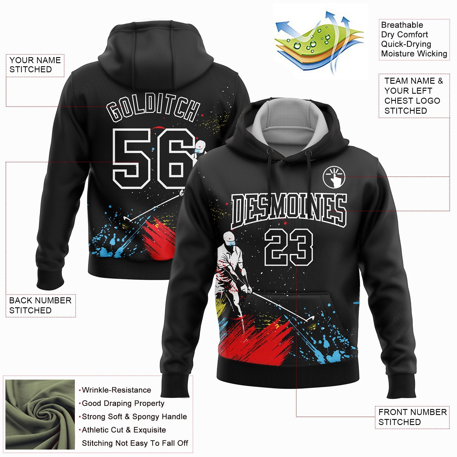 Custom Stitched Black White 3D Golfing Golf Sports Pullover Sweatshirt Hoodie view 2