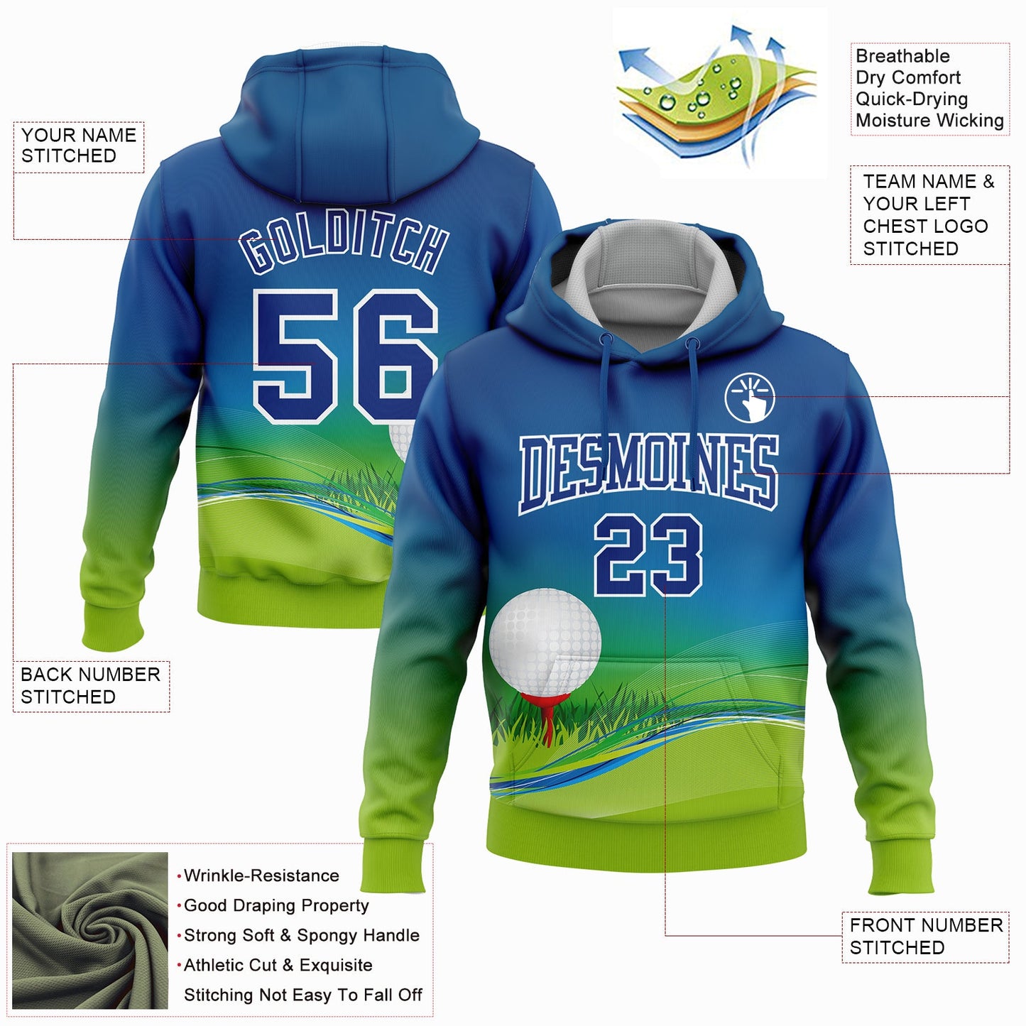 Custom Stitched Royal Neon Green-White 3D Golf Ball Sports Pullover Sweatshirt Hoodie view 2