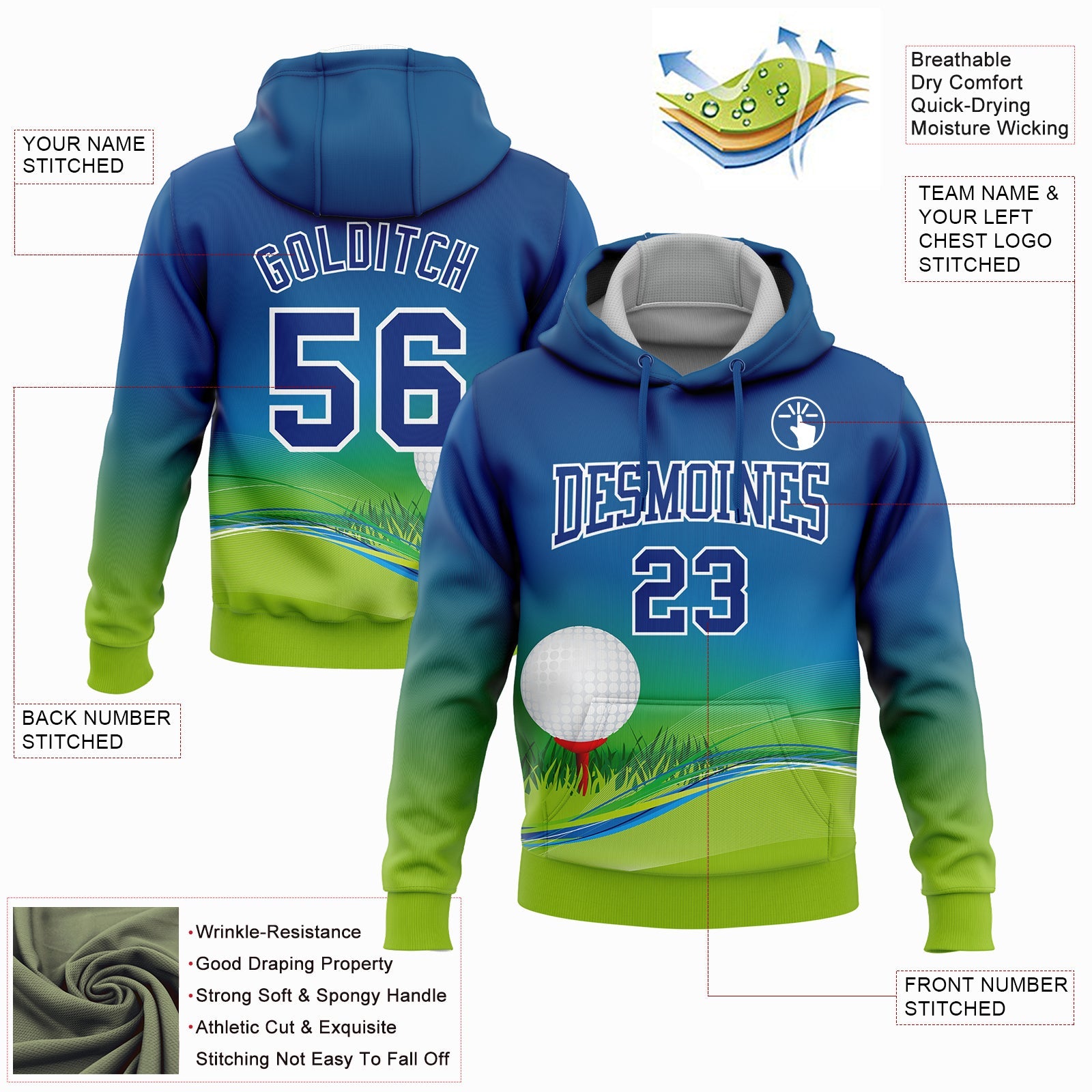 Custom Stitched Royal Neon Green-White 3D Golf Ball Sports Pullover Sweatshirt Hoodie view 2