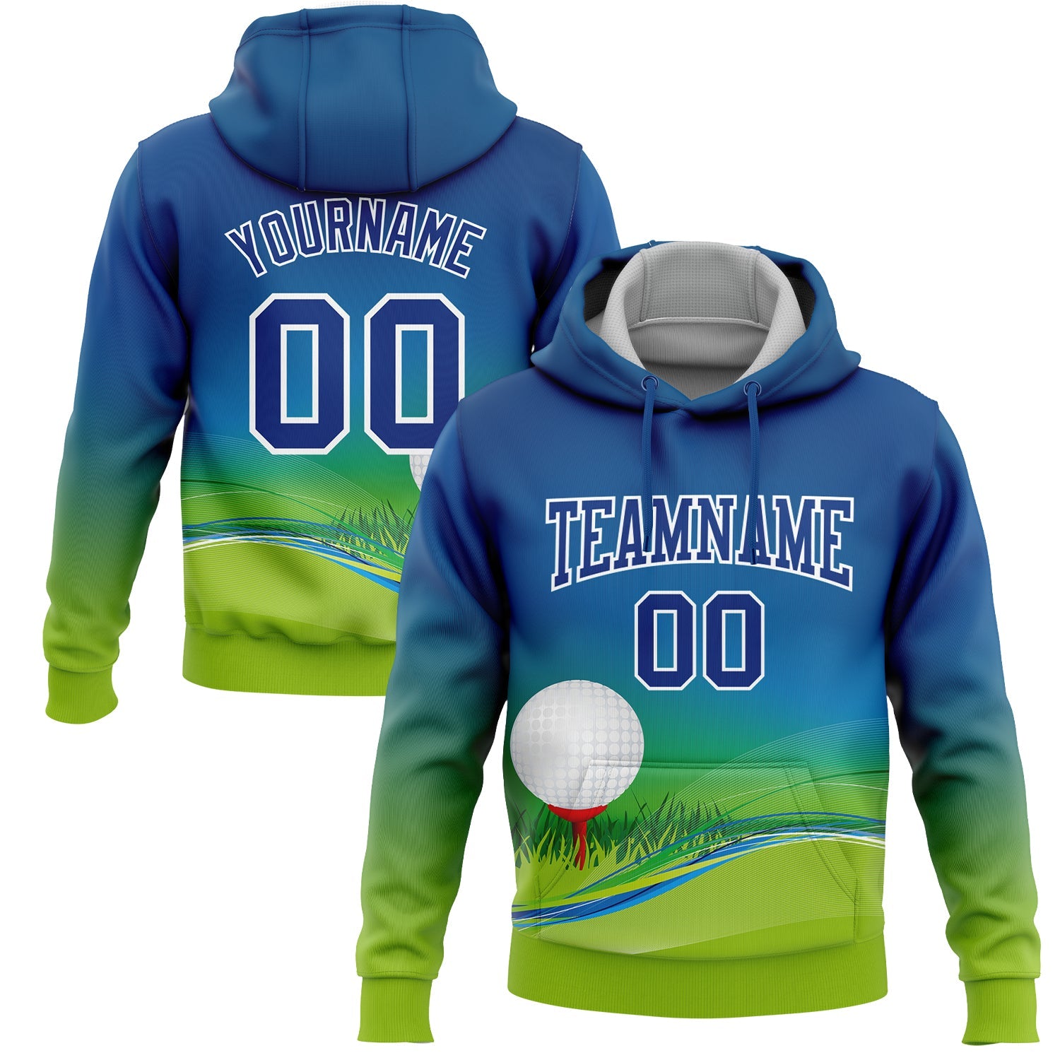 Custom Stitched Royal Neon Green-White 3D Golf Ball Sports Pullover Sweatshirt Hoodie - Main View